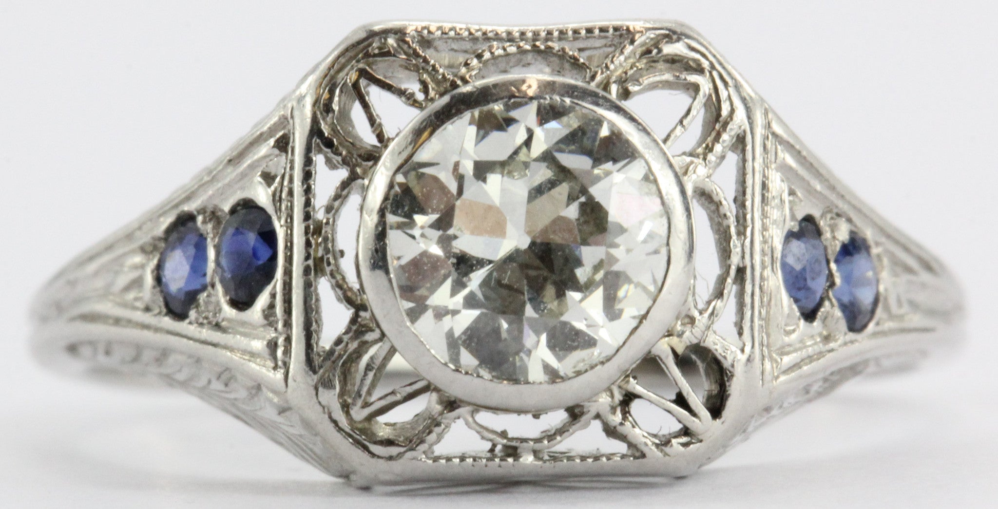 Art Deco 1.04 Ct VVS2 J Old European Diamond Sapphire Platinum Engagement Ring - Queen May