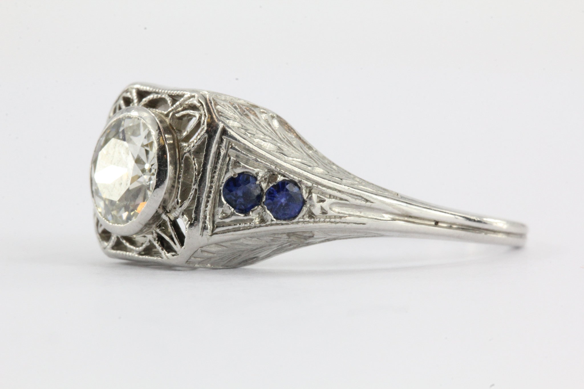 Art Deco 1.04 Ct VVS2 J Old European Diamond Sapphire Platinum Engagement Ring - Queen May