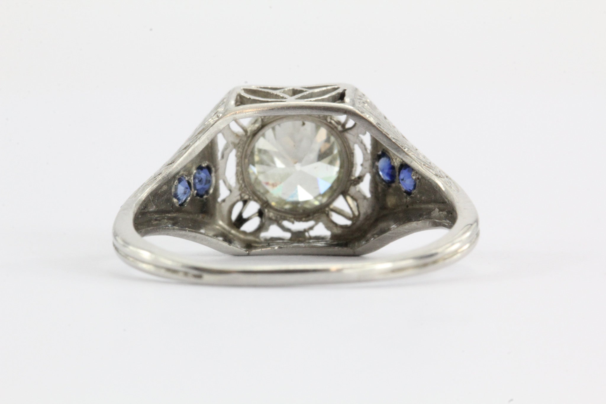 Art Deco 1.04 Ct VVS2 J Old European Diamond Sapphire Platinum Engagement Ring - Queen May