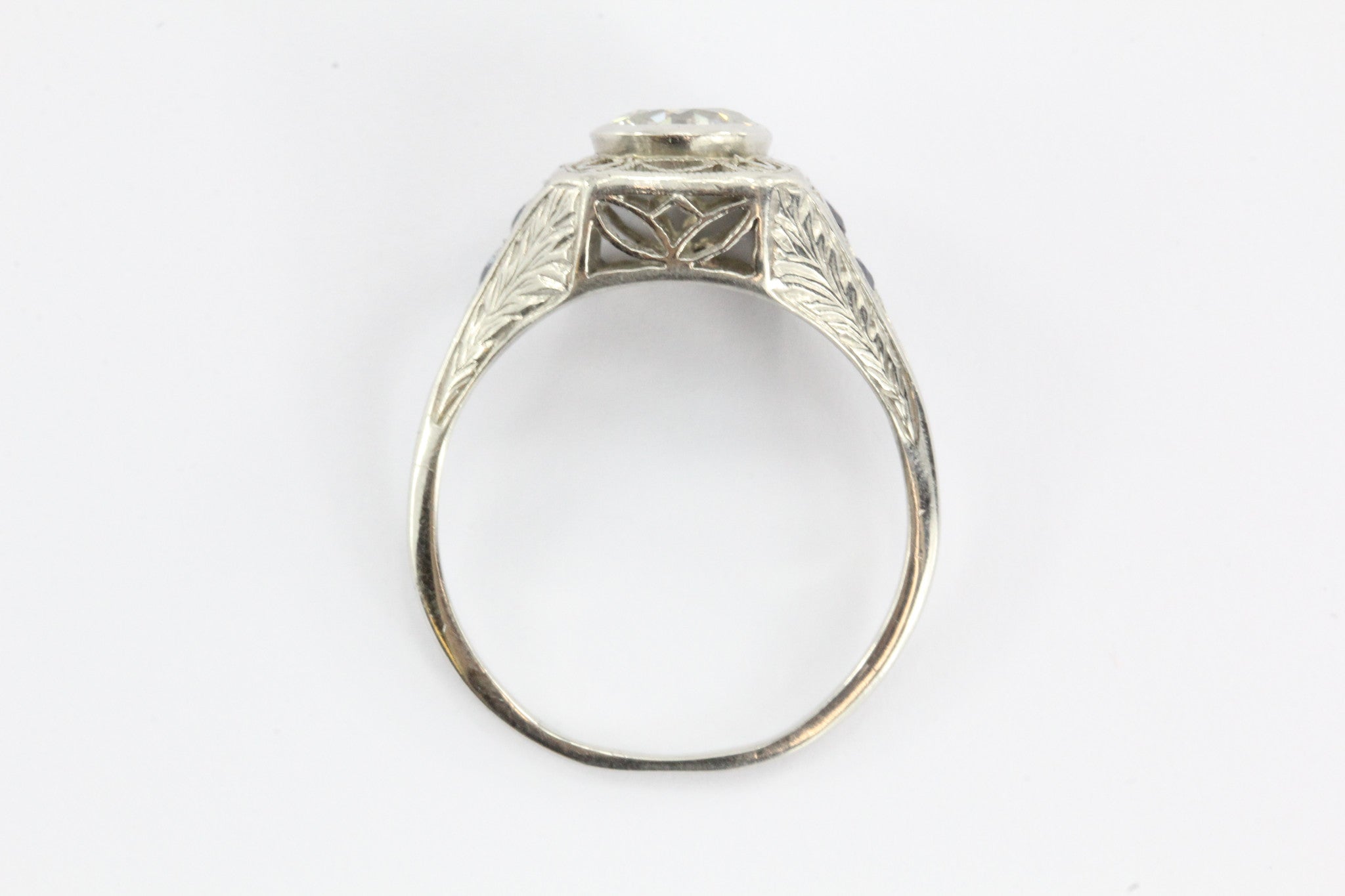 Art Deco 1.04 Ct VVS2 J Old European Diamond Sapphire Platinum Engagement Ring - Queen May