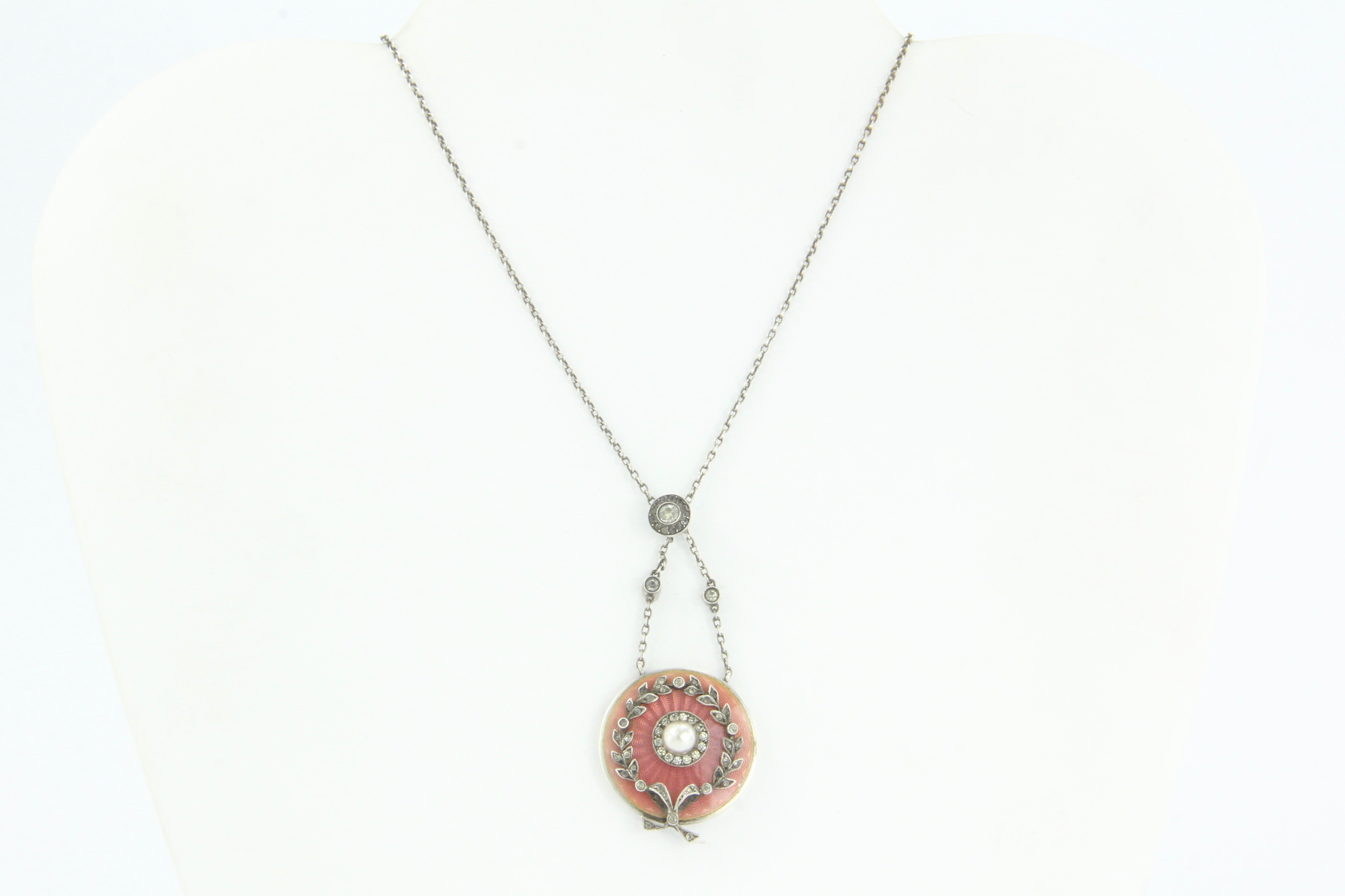 French Belle Epoch Silver Pink Enamel Pearl & Paste Necklace c.1900 - Queen May