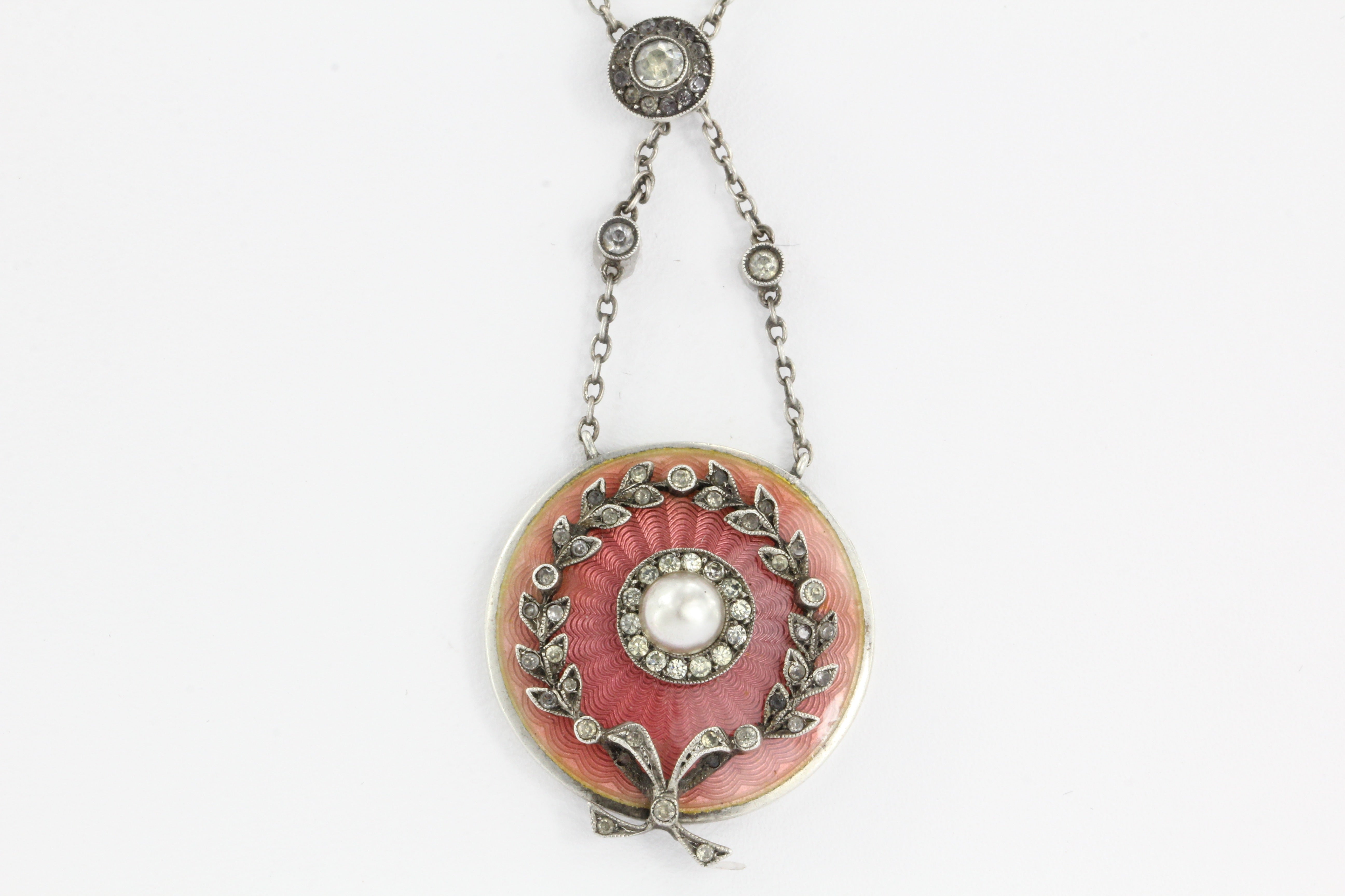 French Belle Epoch Silver Pink Enamel Pearl & Paste Necklace c.1900 - Queen May
