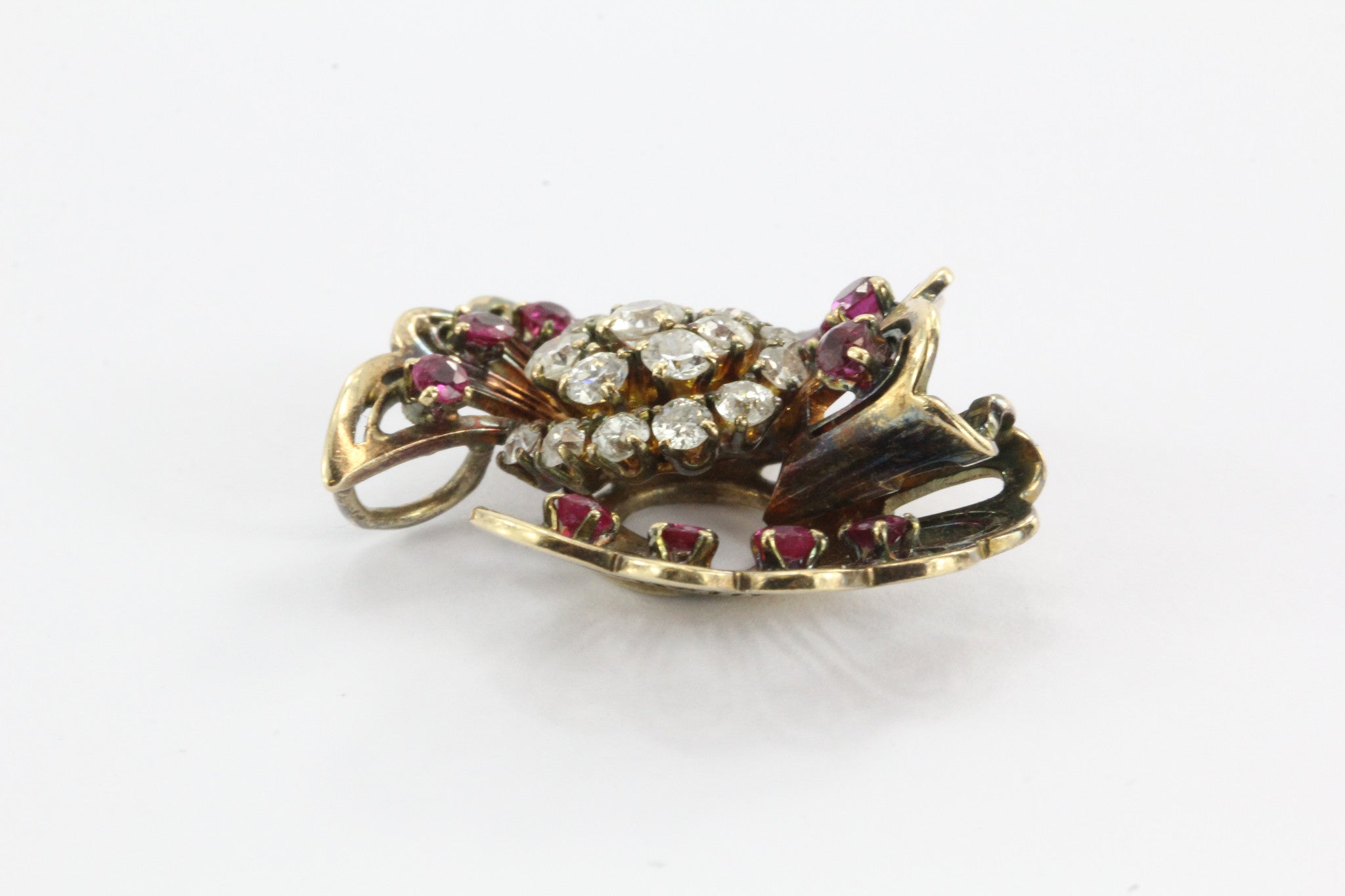 Vintage Hollywood Regency 14K Rose Gold Diamond & Ruby Fan Pendant - Queen May
