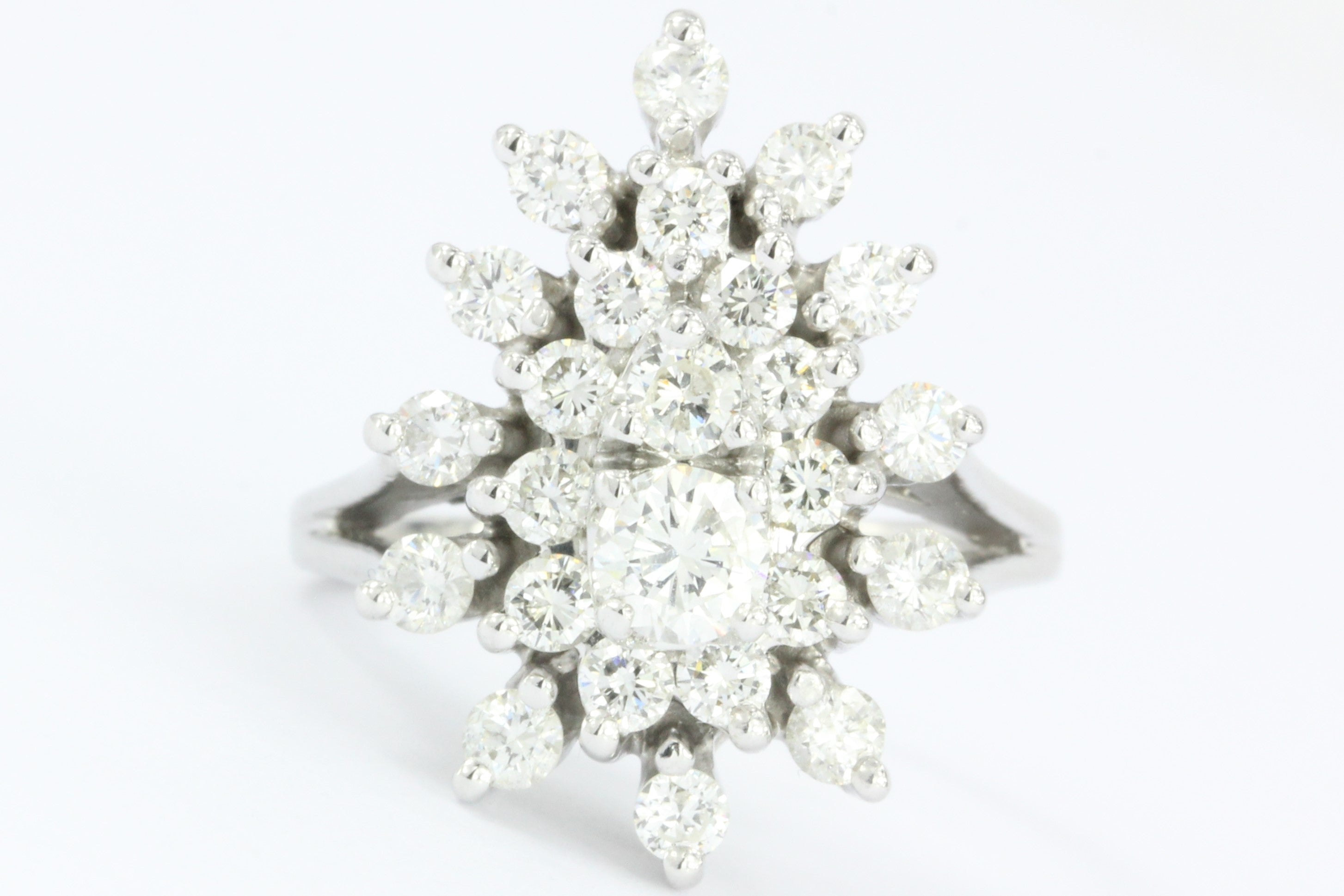 Retro 14K White Gold Diamond Cluster Raindrop Tru Brite Ring 1.5 CTW - Queen May