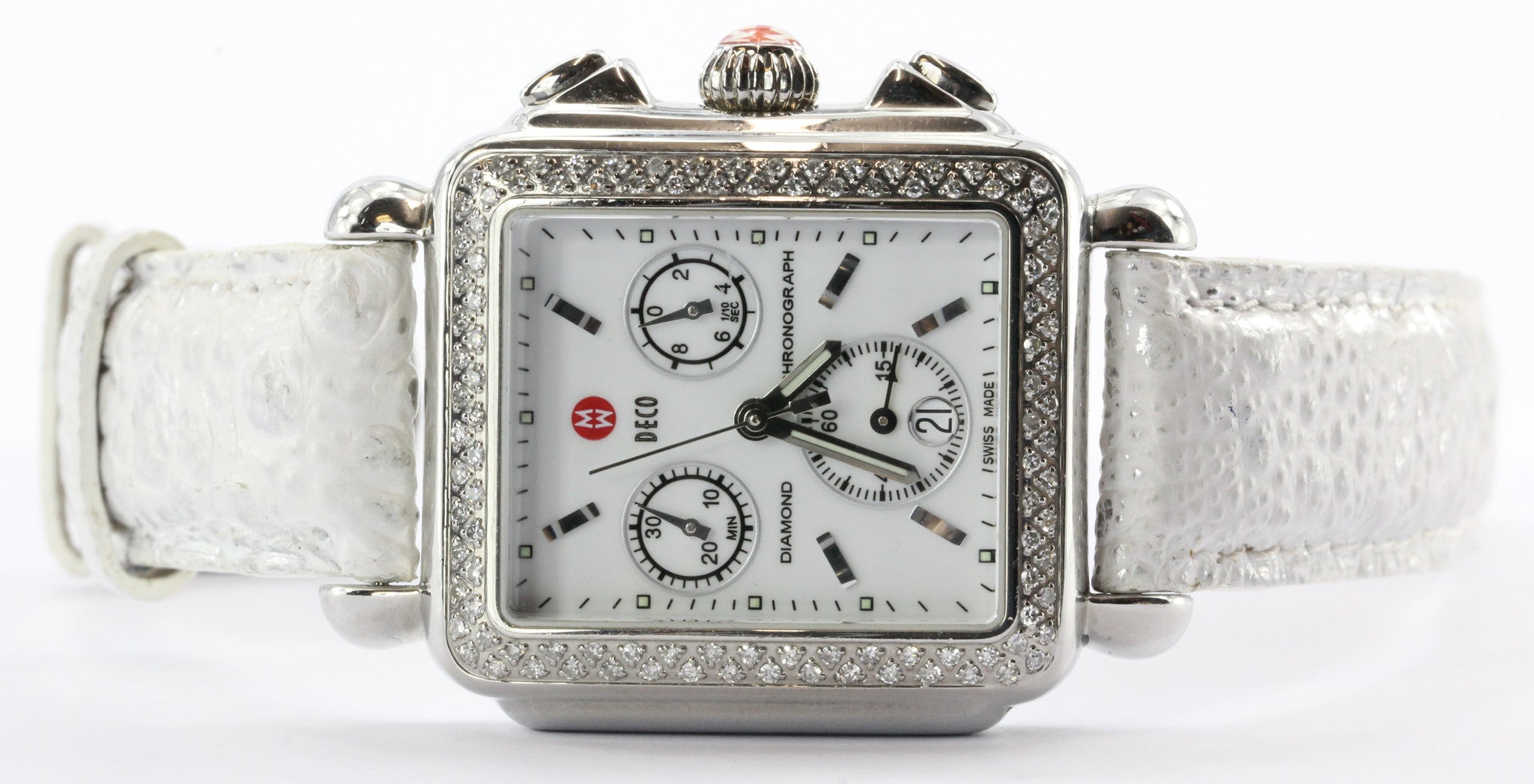 Michele Deco 108 .60 CTW Diamond Bezel White Diamond Chronograph Siwss Watch - Queen May