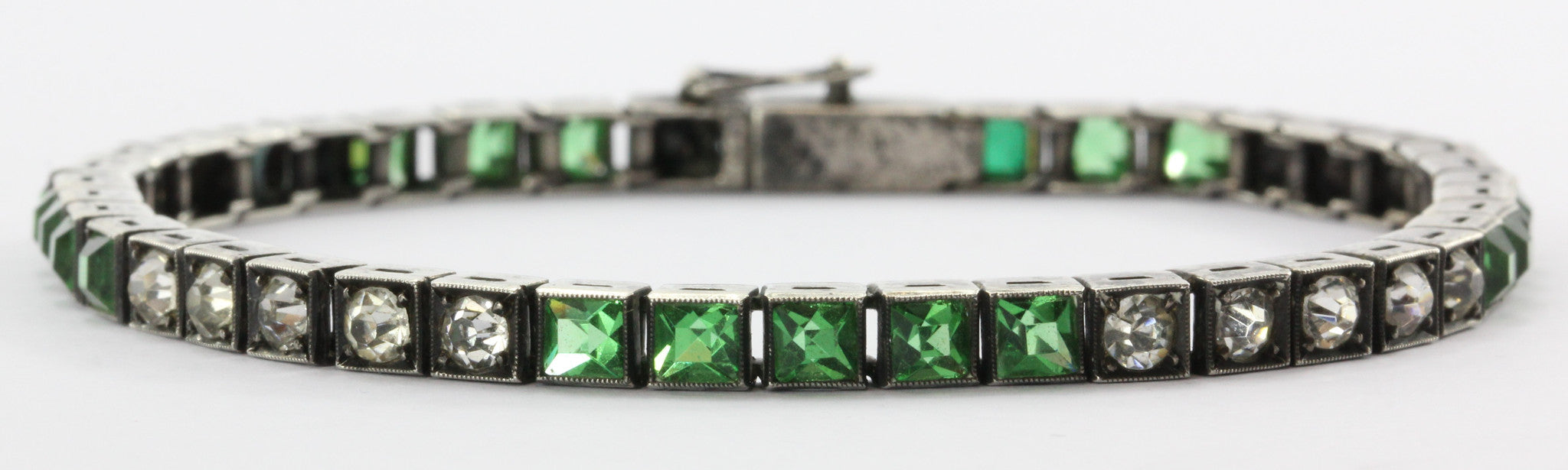 Antique Art Deco 835 Silver Green & White Rhinestone European Tennis Bracelet - Queen May