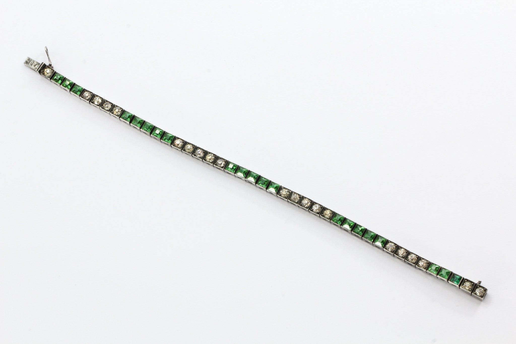 Antique Art Deco 835 Silver Green & White Rhinestone European Tennis Bracelet - Queen May