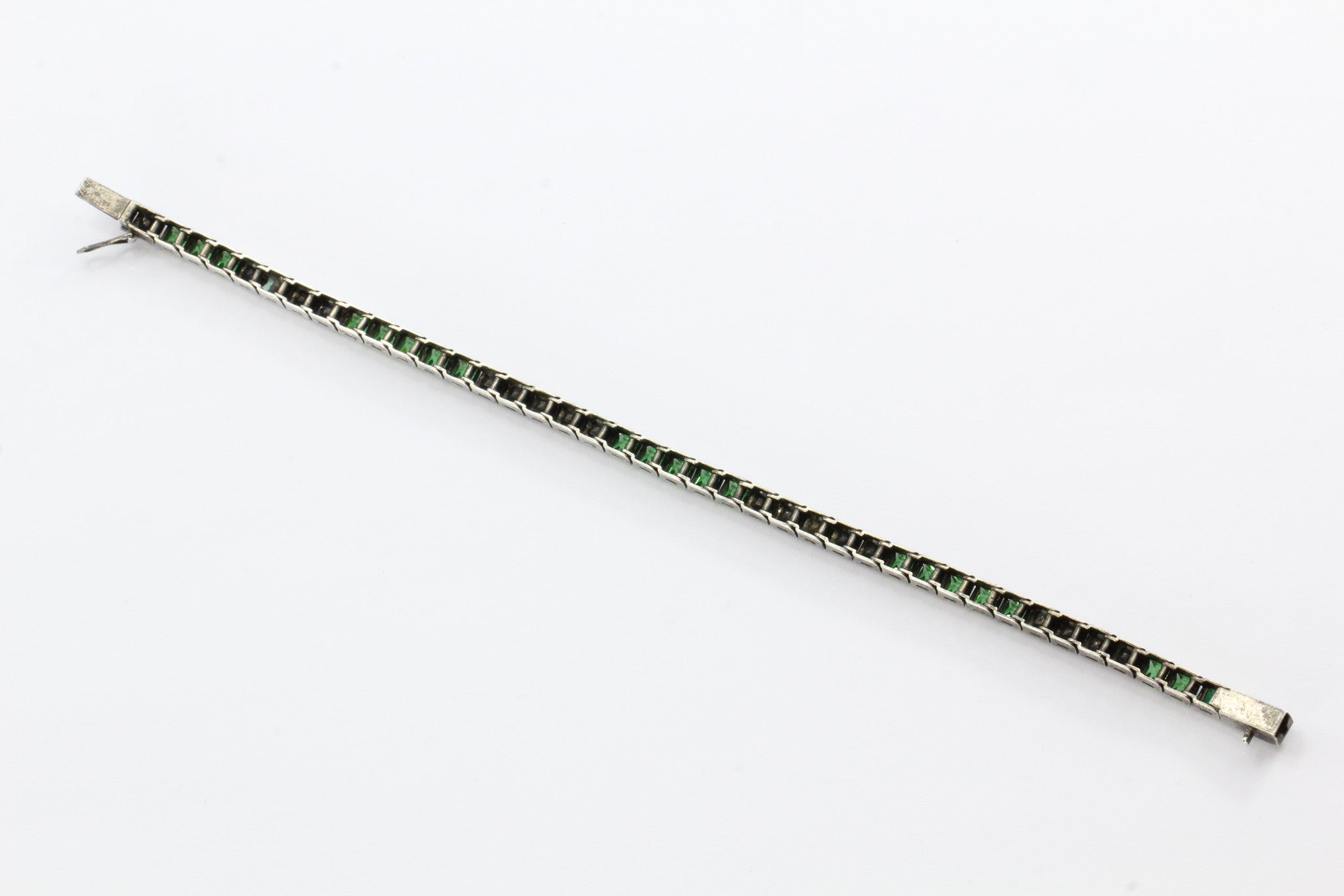 Antique Art Deco 835 Silver Green & White Rhinestone European Tennis Bracelet - Queen May
