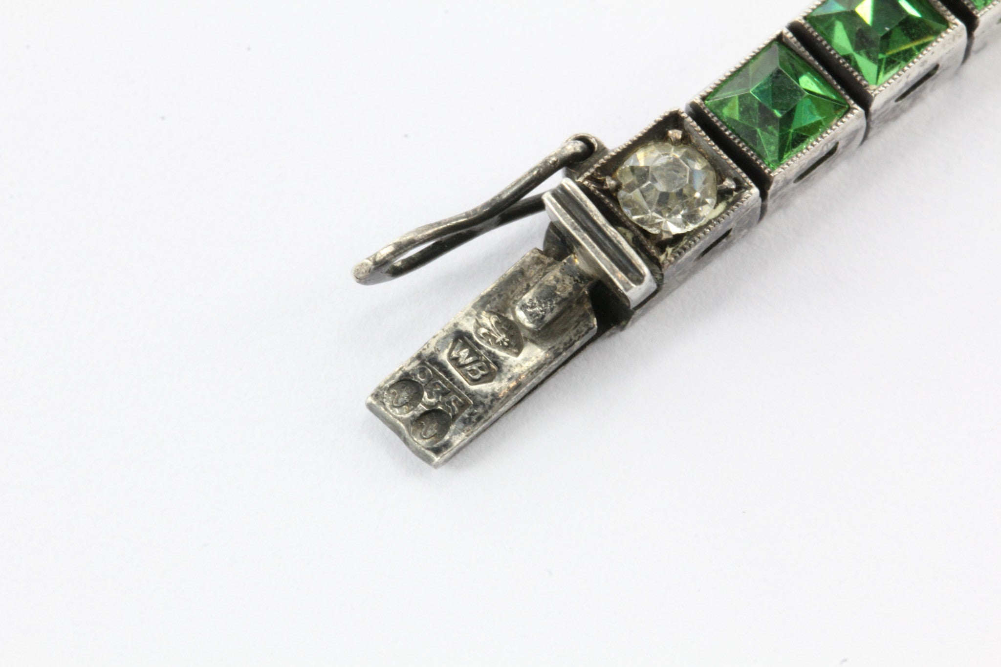 Antique Art Deco 835 Silver Green & White Rhinestone European Tennis Bracelet - Queen May