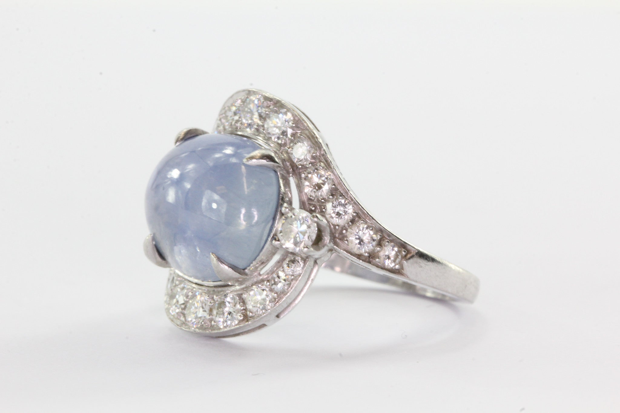 Antique Art Deco Platinum Diamond & 7.63 Carat Natural Blue Star Sapphire Ring - Queen May