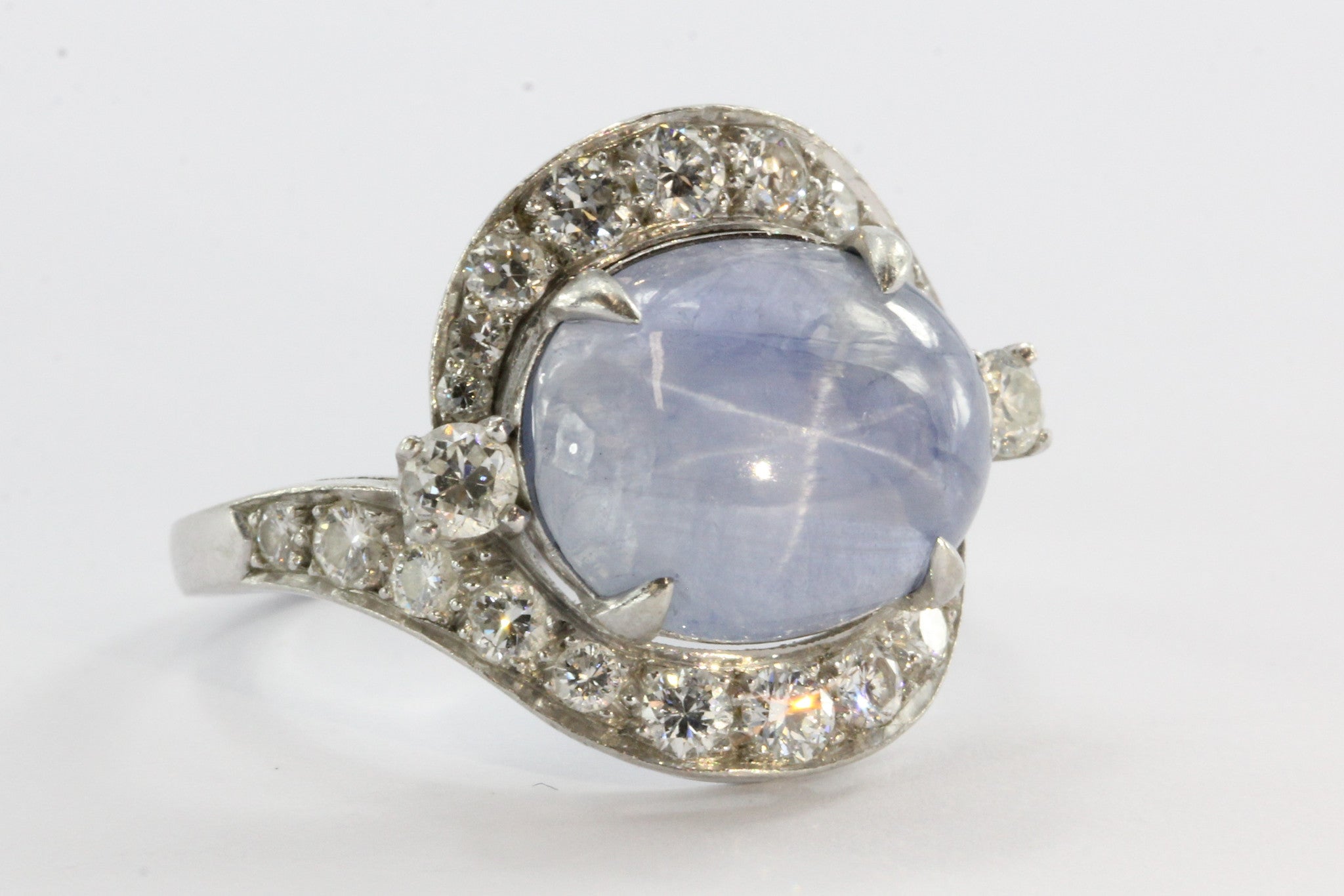 Antique Art Deco Platinum Diamond & 7.63 Carat Natural Blue Star Sapphire Ring - Queen May