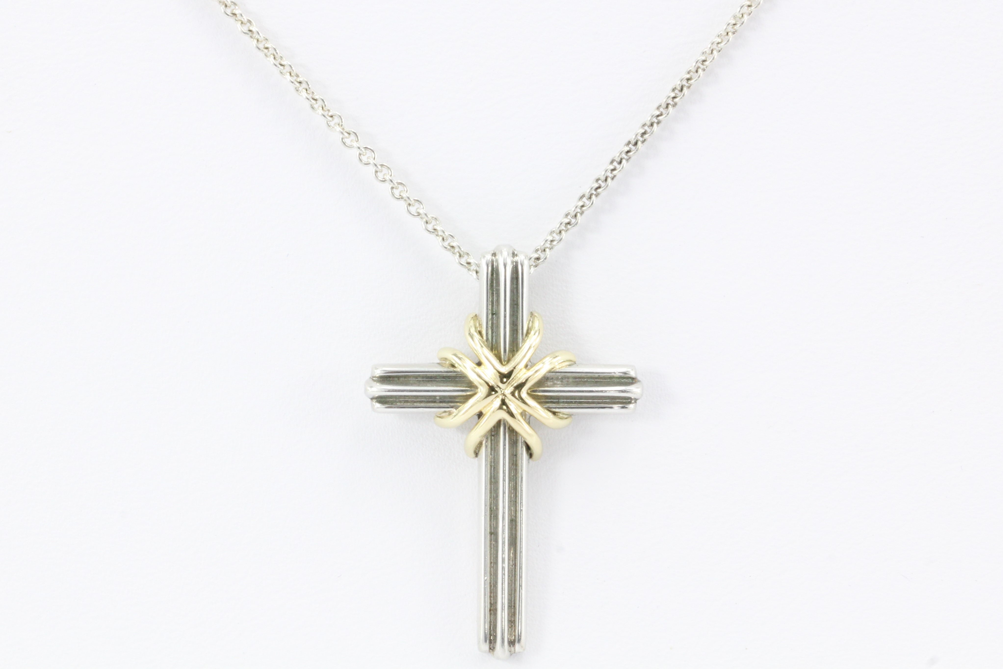 Tiffany & Co Sterling Silver & 18K Gold Cross Pendant & Necklace - Queen May