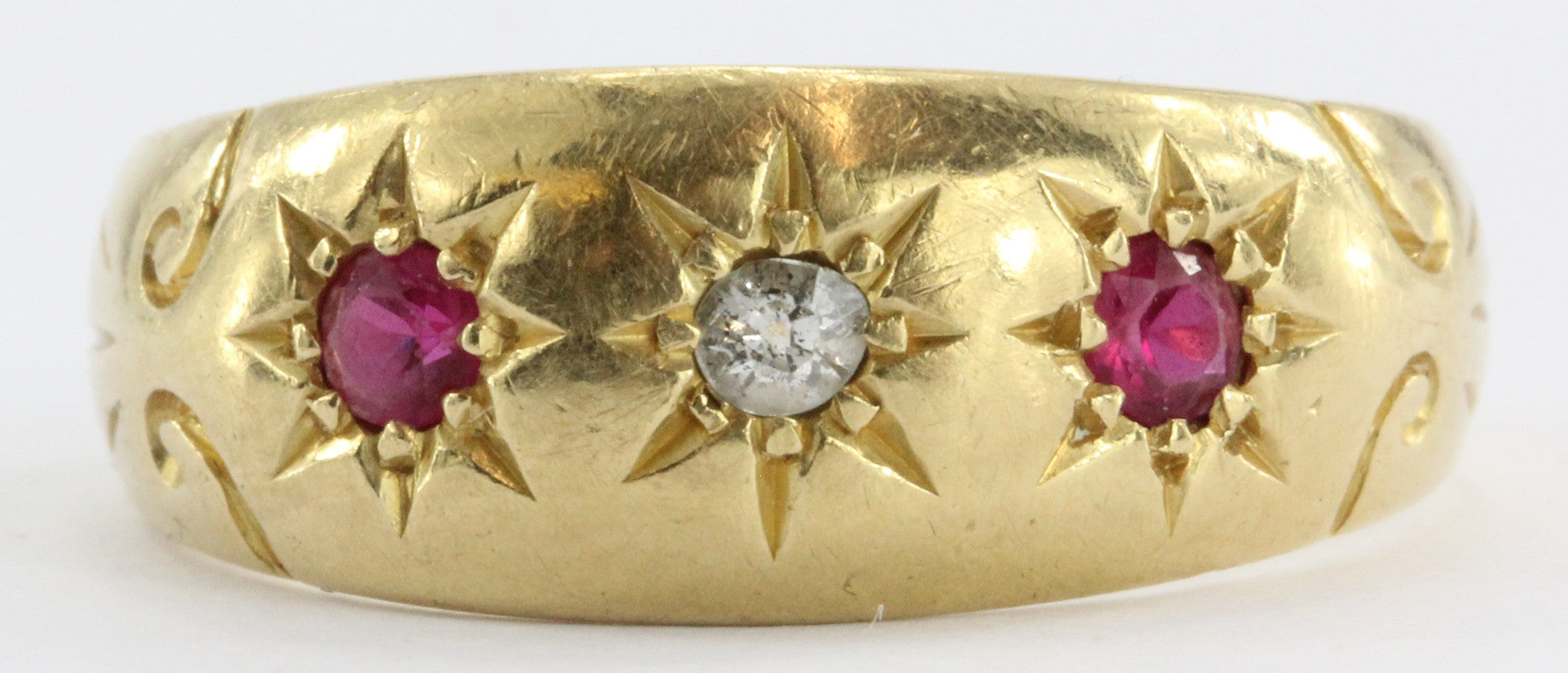 Antique Edwardian English 18K Gold Diamond & Ruby Gypsy Ring signed WKK 1911 - 1912 - Queen May