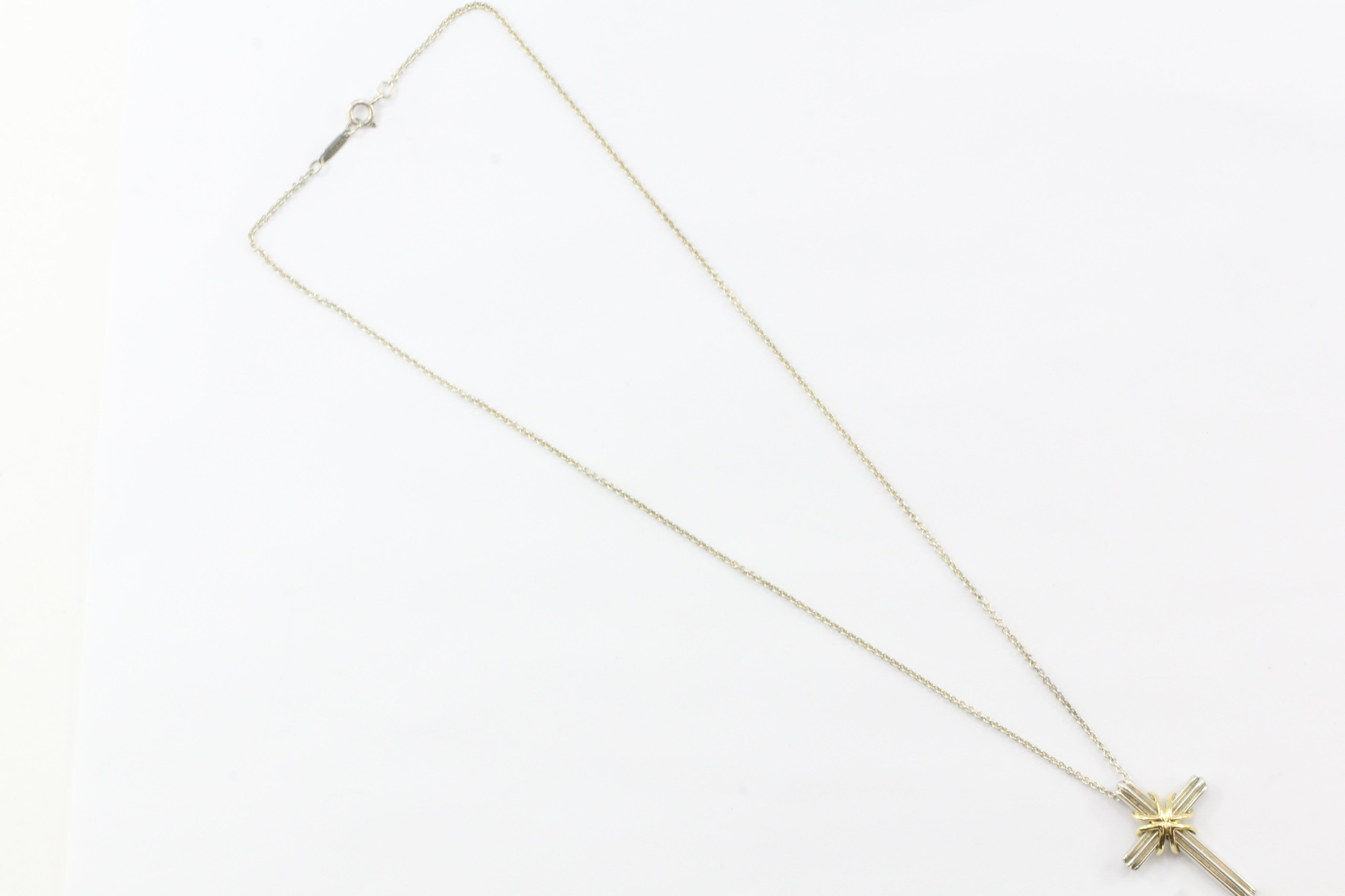 Tiffany & Co Sterling Silver & 18K Gold Cross Pendant & Necklace - Queen May