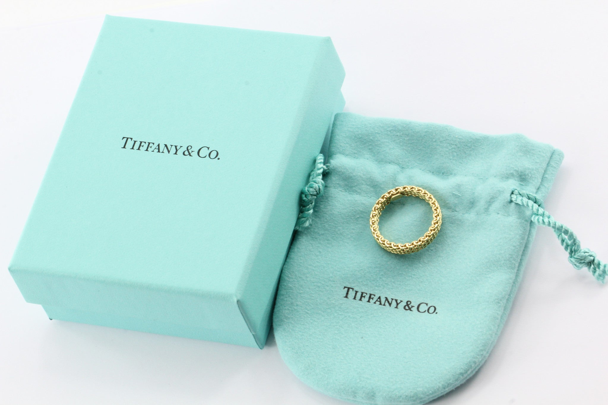 Tiffany & Co 18K Gold Somerset Mesh 3.5mm Band Ring Size 6.75 - Queen May