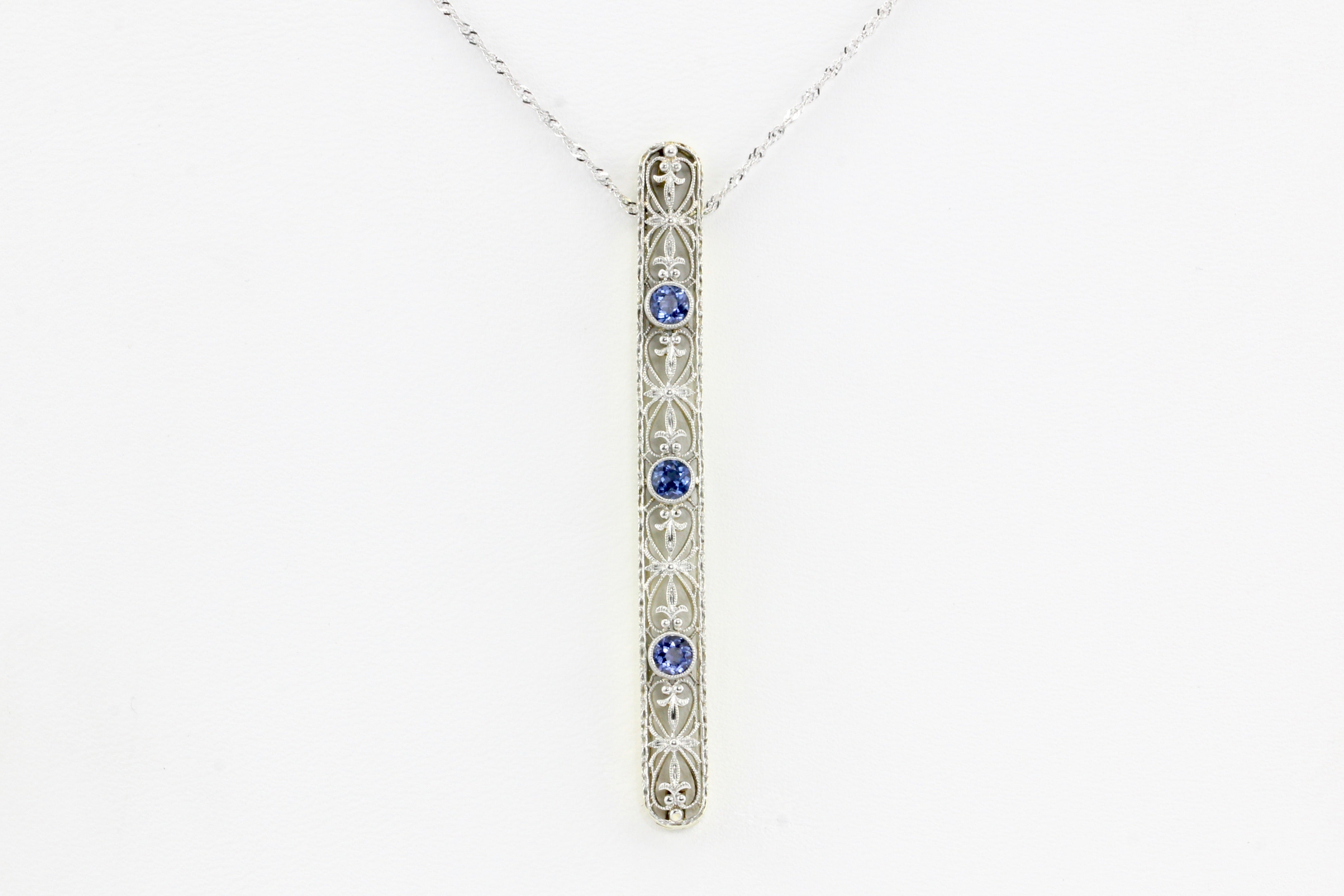 Edwardian 14K White Gold Sapphire Drop Pendant Necklace c.1900 - Queen May