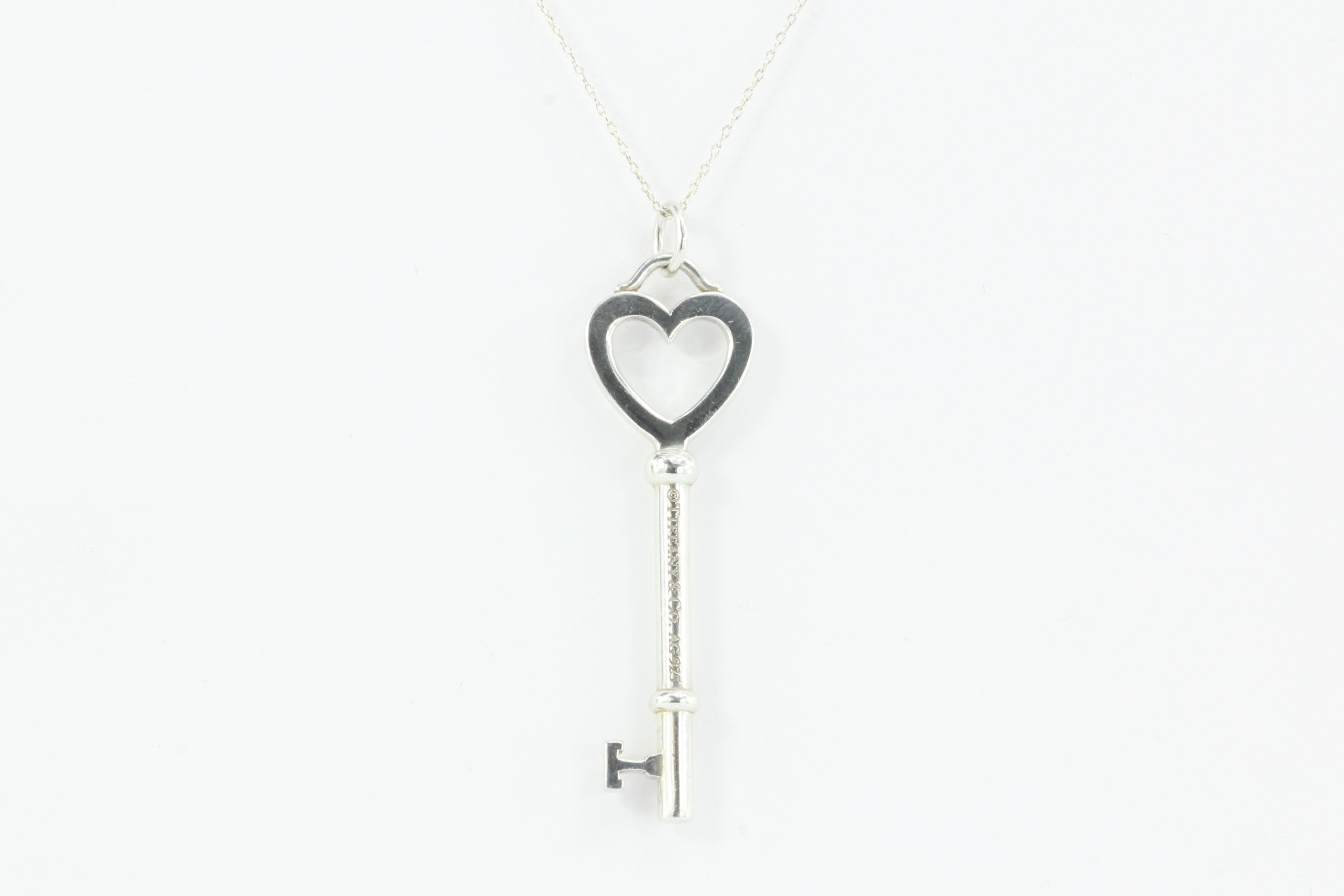 Tiffany & Co Sterling Silver 2" Heart Key Pendant & 23" Chain - Queen May