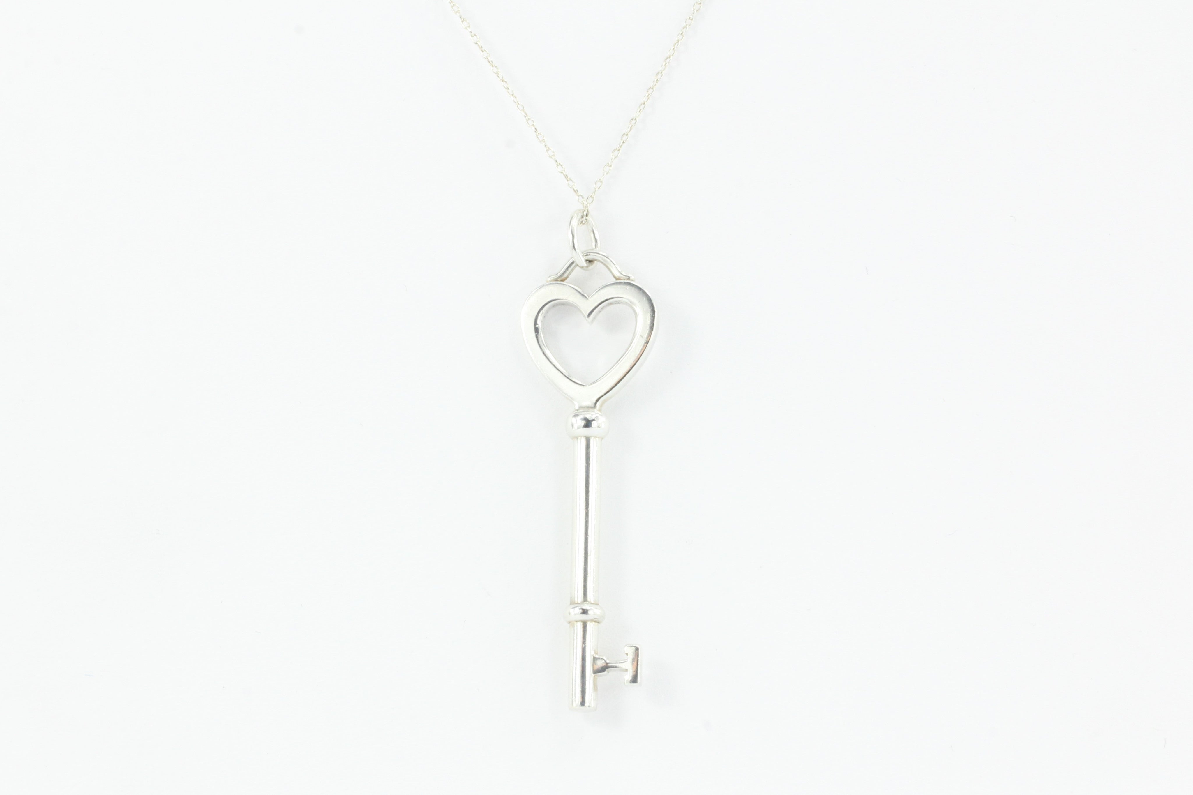 Tiffany & Co Sterling Silver 2" Heart Key Pendant & 23" Chain - Queen May