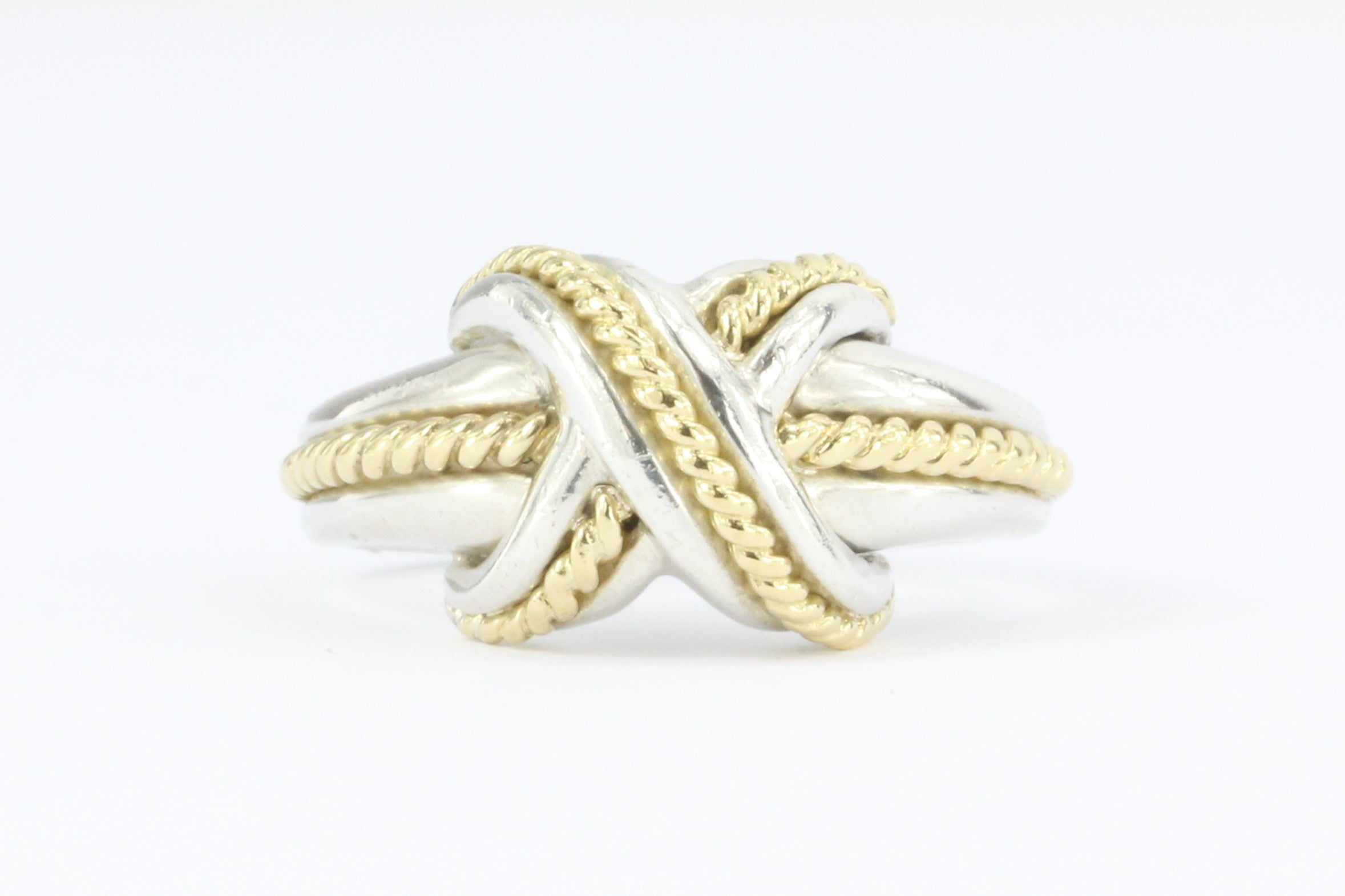 Tiffany & Co Sterling Silver & 18k Gold X Lovers Knot Ring Size 6.75 - Queen May
