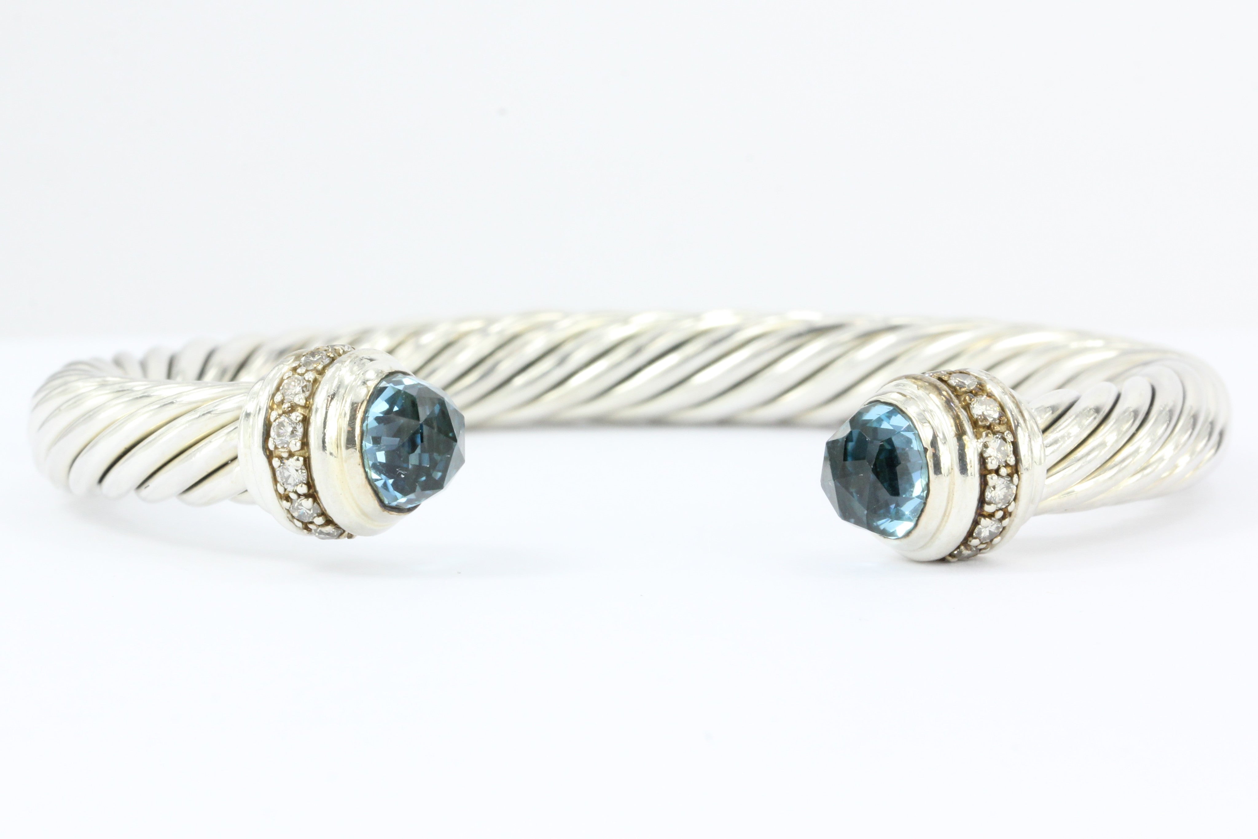 David Yurman Sterling Silver Blue Topaz & Diamond 7mm Cable Cuff Bracelet - Queen May