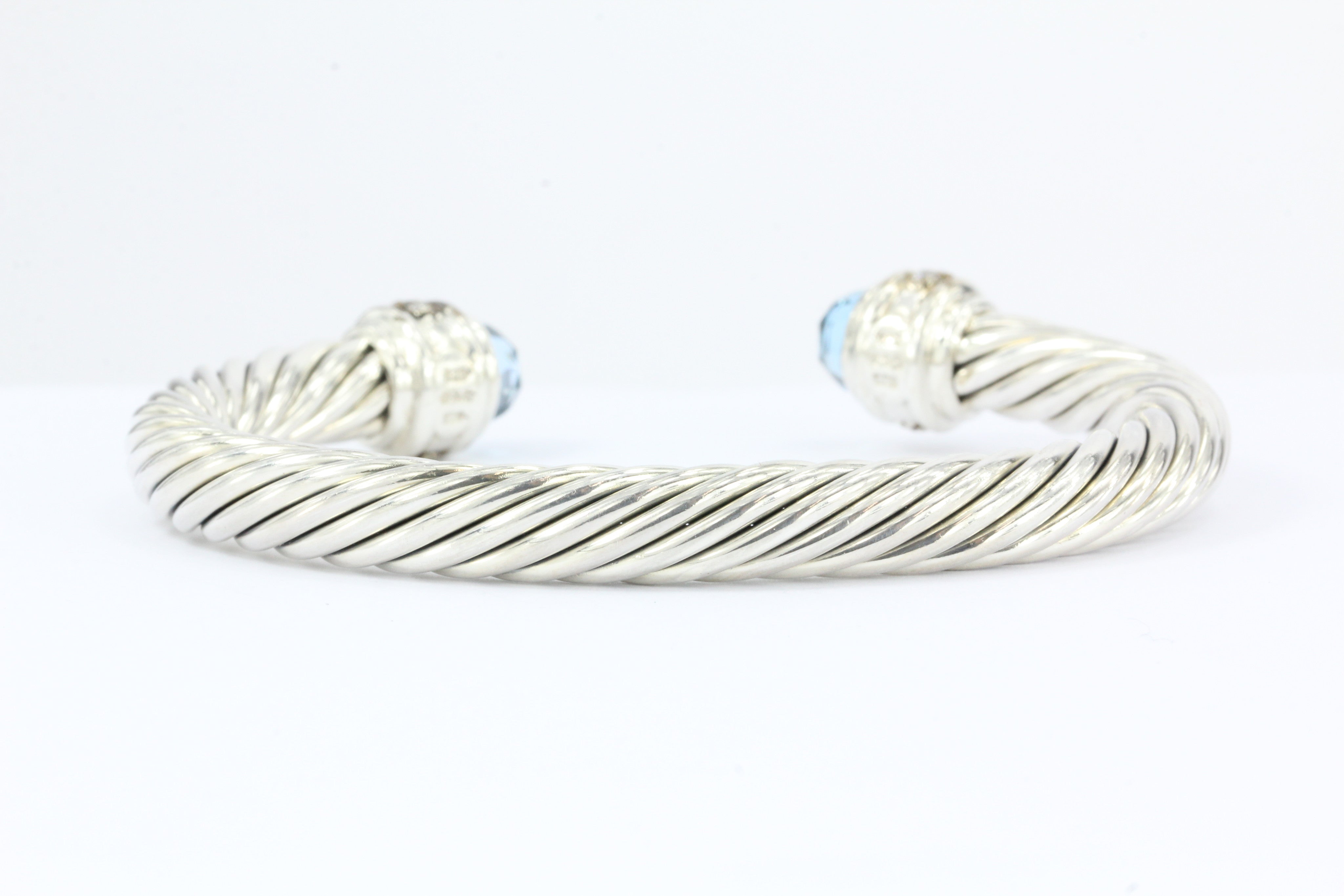 David Yurman Sterling Silver Blue Topaz & Diamond 7mm Cable Cuff Bracelet - Queen May