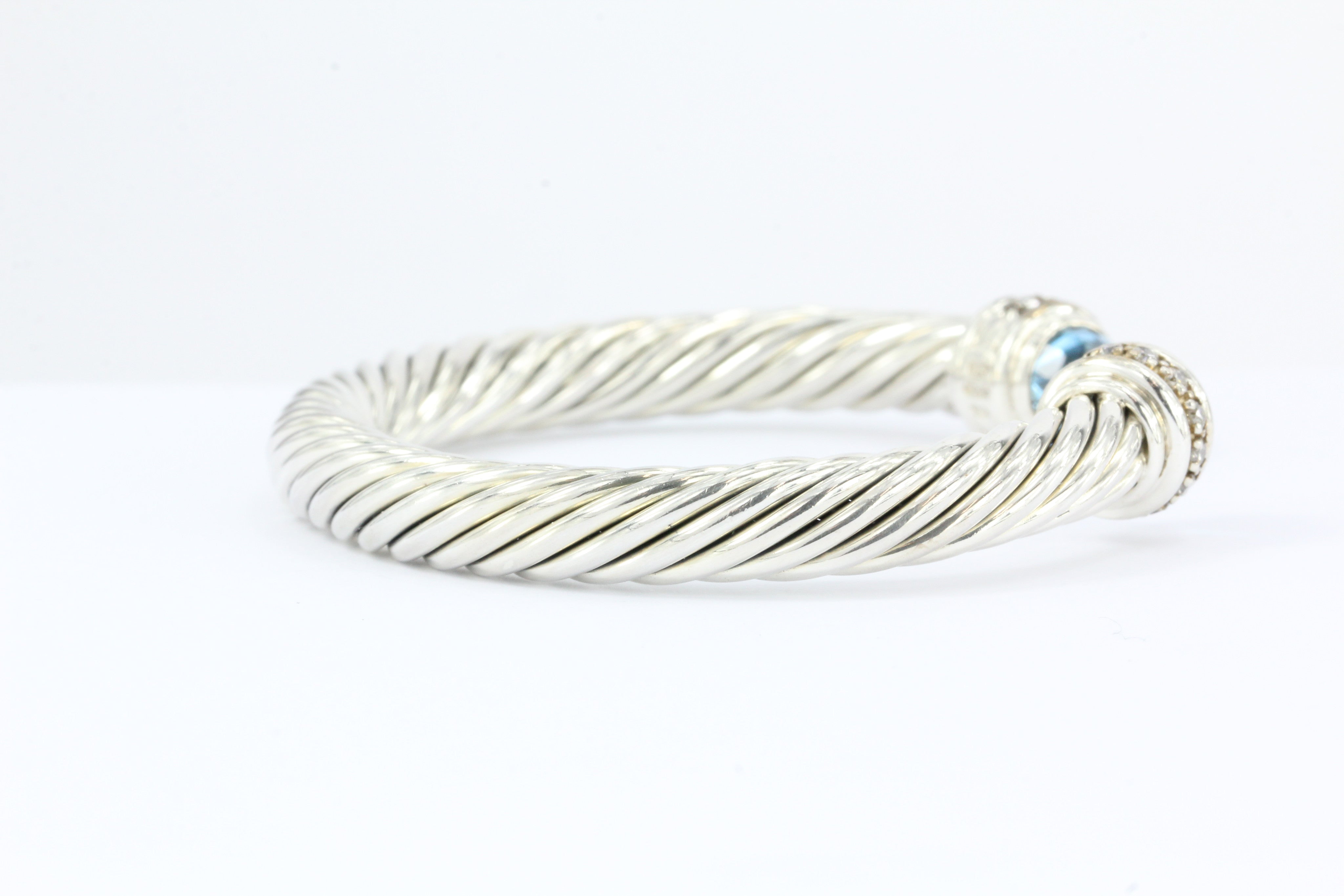 David Yurman Sterling Silver Blue Topaz & Diamond 7mm Cable Cuff Bracelet - Queen May