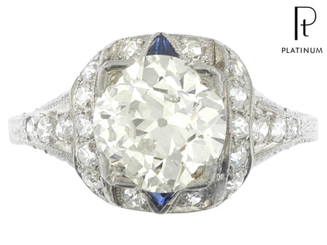 Antique Art Deco 3 Carat Total Weight Platinum Old European Diamond Sapphire Engagement Ring - Queen May
