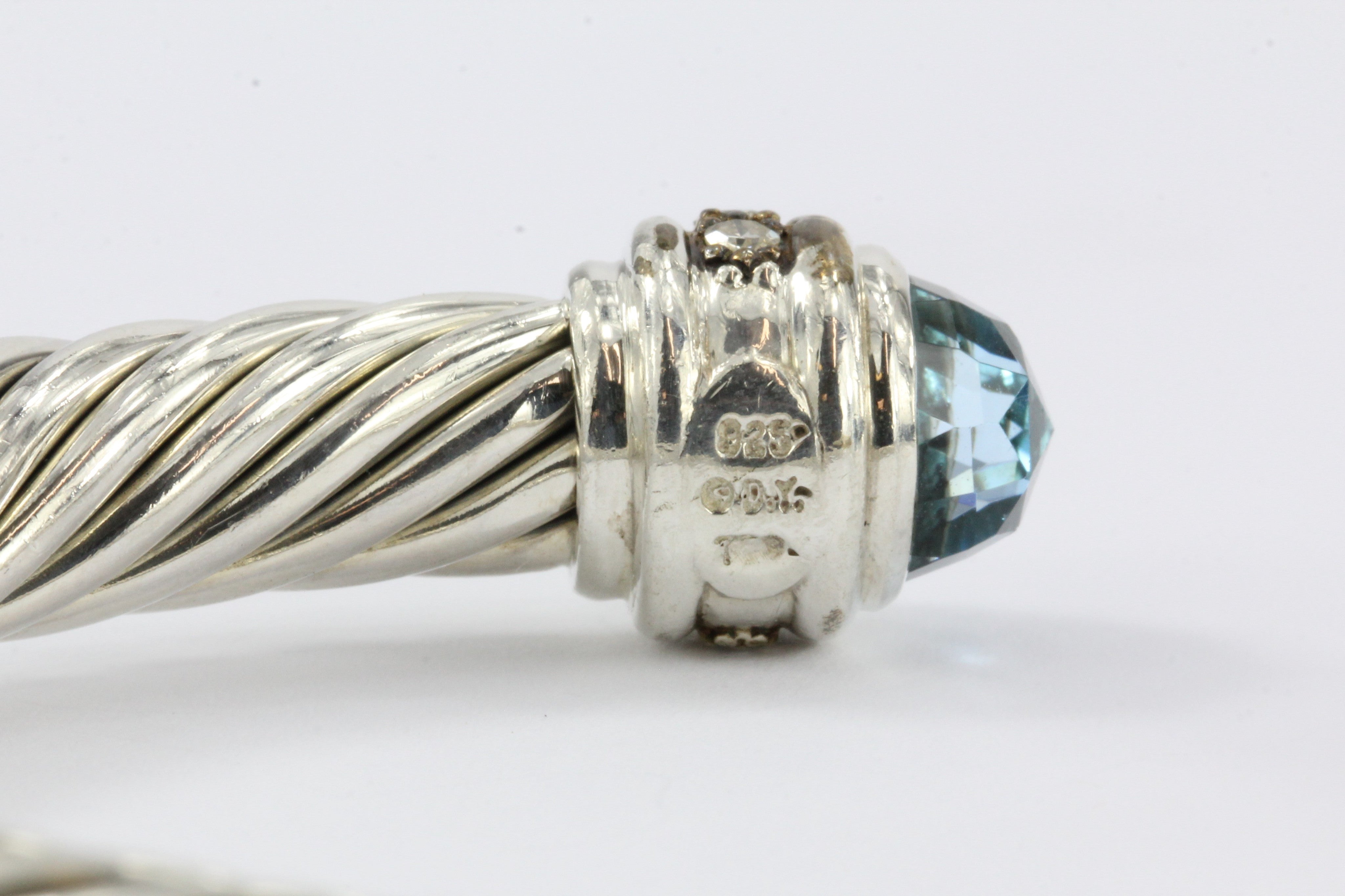 David Yurman Sterling Silver Blue Topaz & Diamond 7mm Cable Cuff Bracelet - Queen May