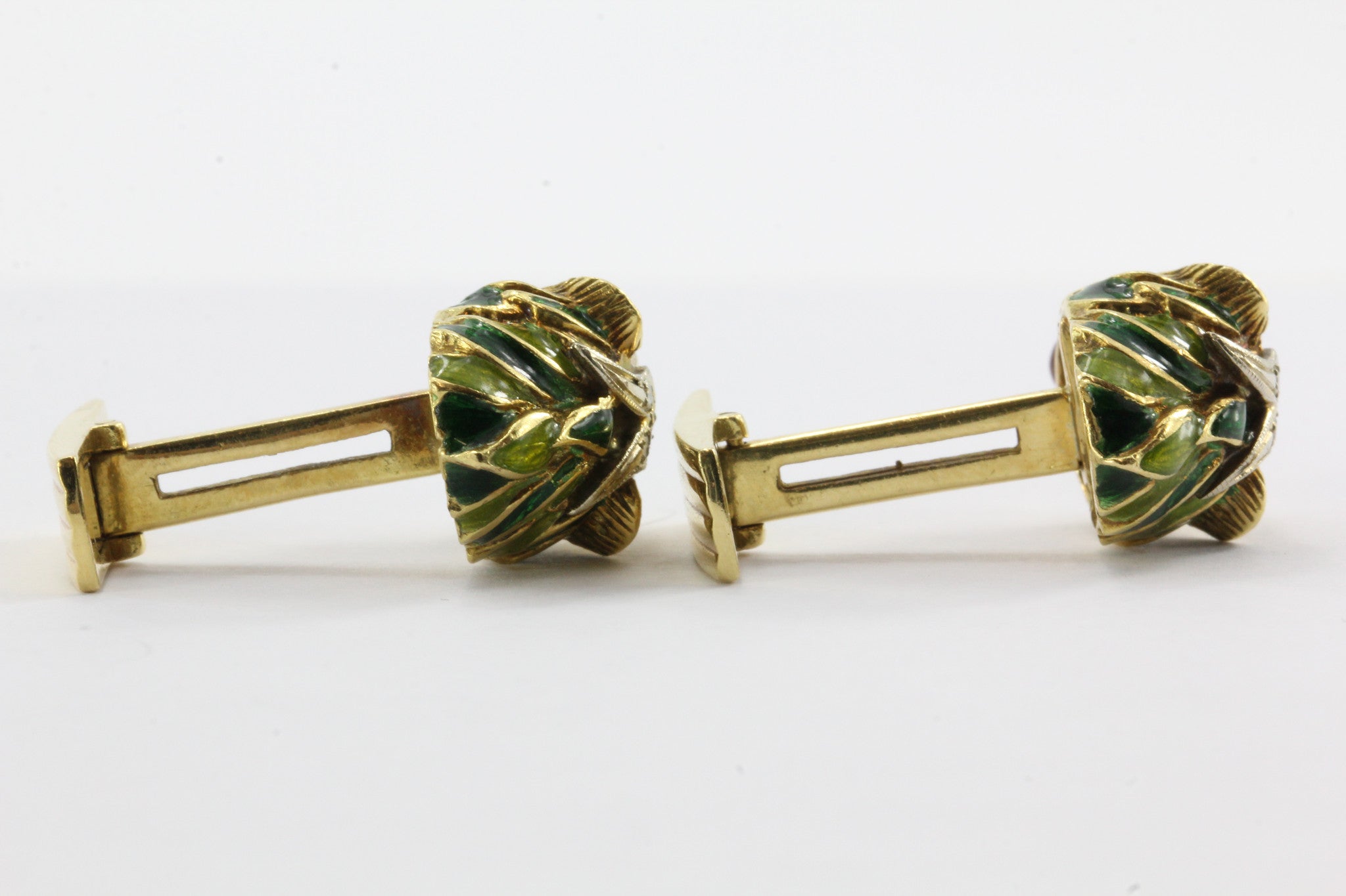 Vintage 18K Gold Enamel & Diamond Lion Head Cufflinks - Queen May