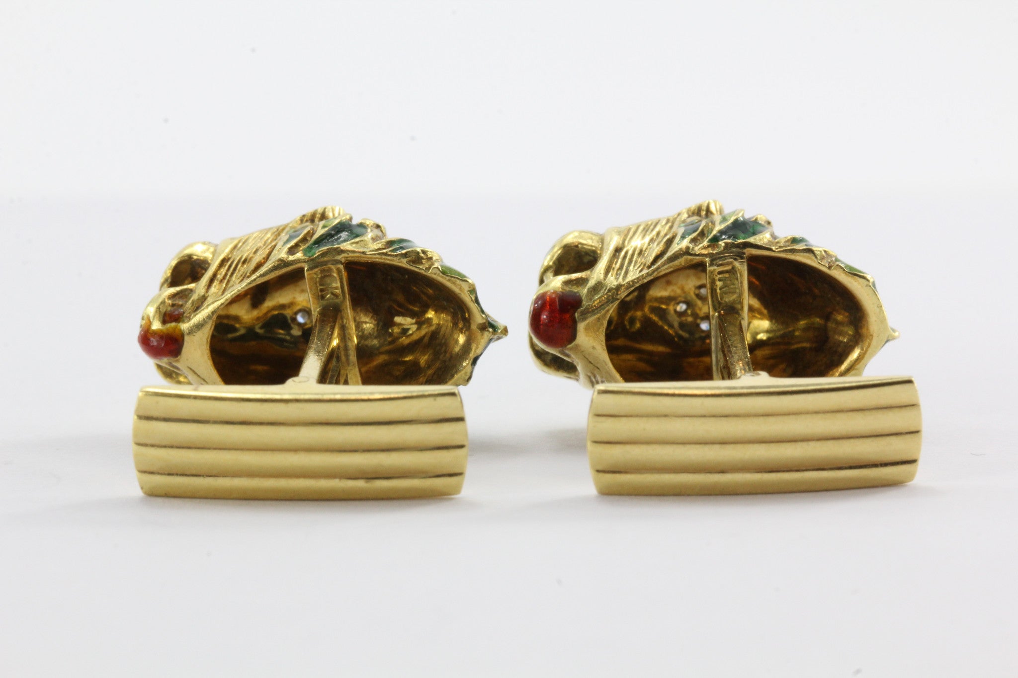 Vintage 18K Gold Enamel & Diamond Lion Head Cufflinks - Queen May