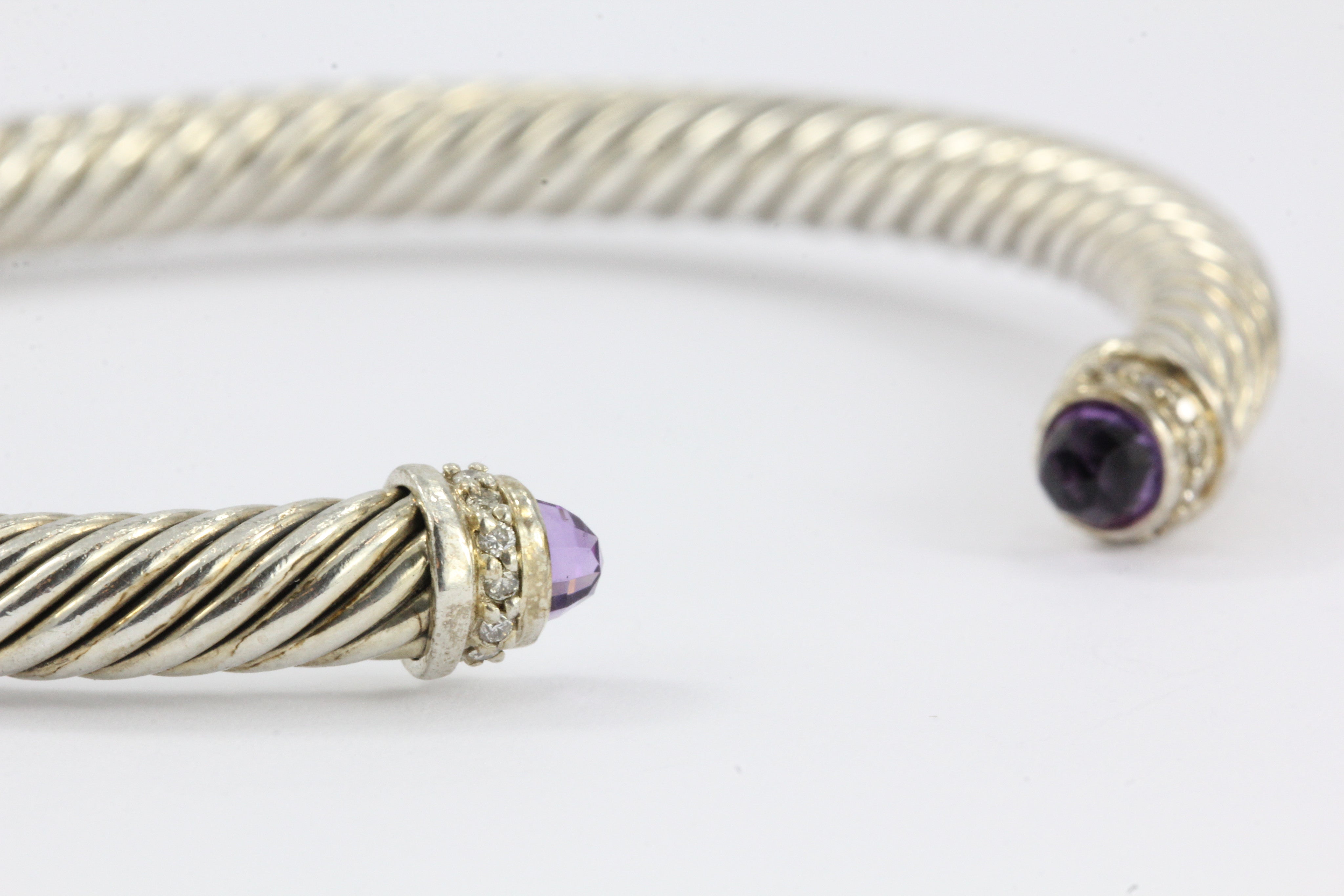 David Yurman Sterling Silver Amethyst & Diamond 5mm Cable Cuff Bracelet - Queen May