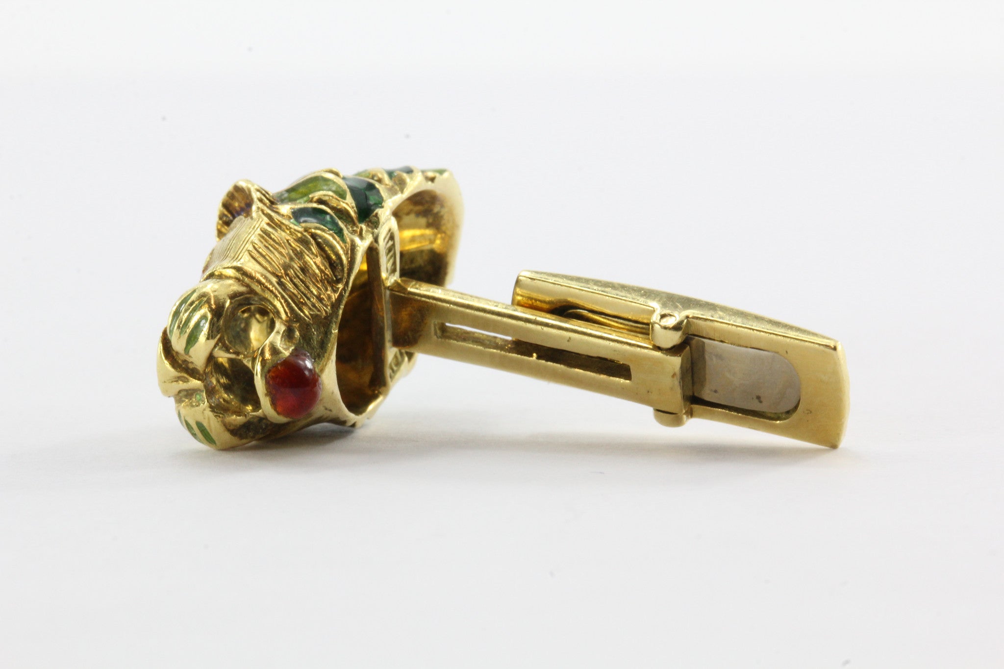 Vintage 18K Gold Enamel & Diamond Lion Head Cufflinks - Queen May