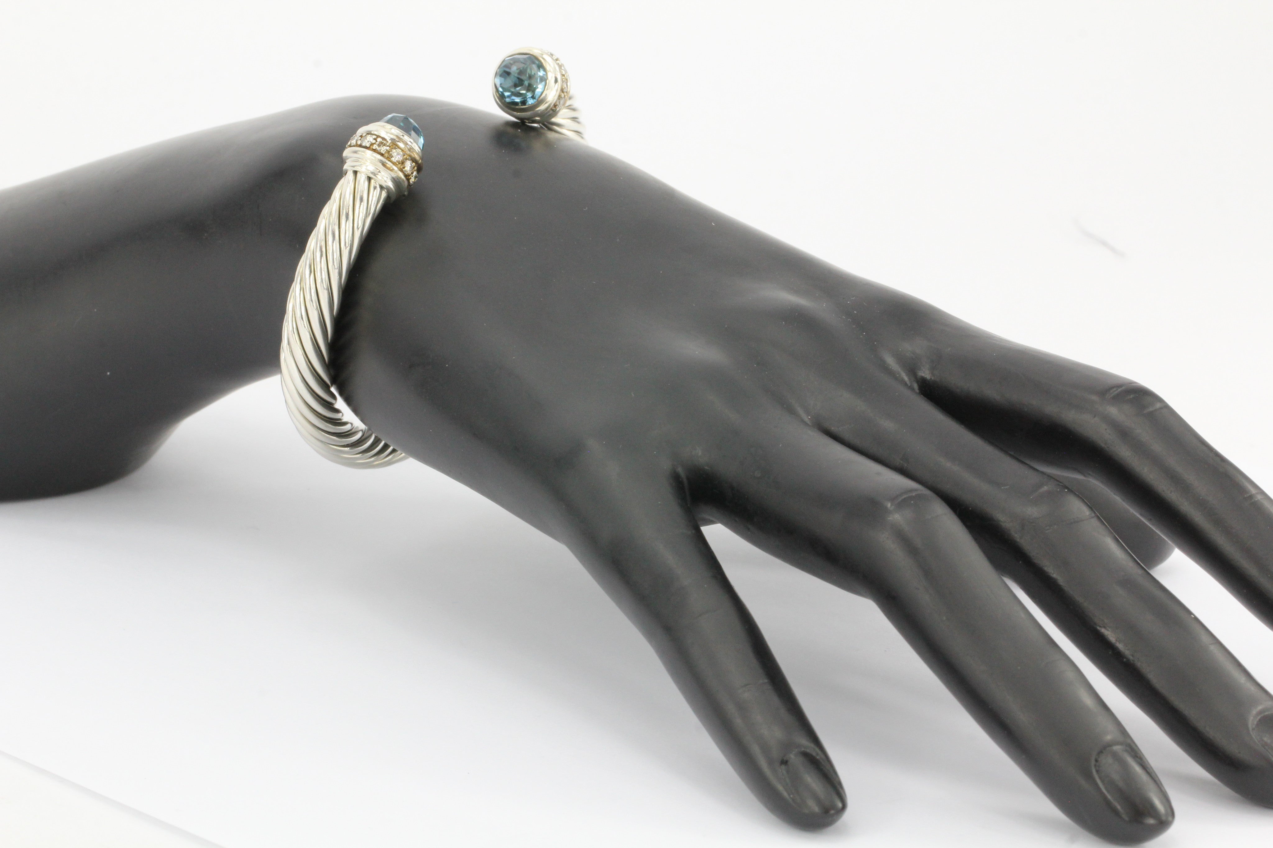 David Yurman Sterling Silver Blue Topaz & Diamond 7mm Cable Cuff Bracelet - Queen May
