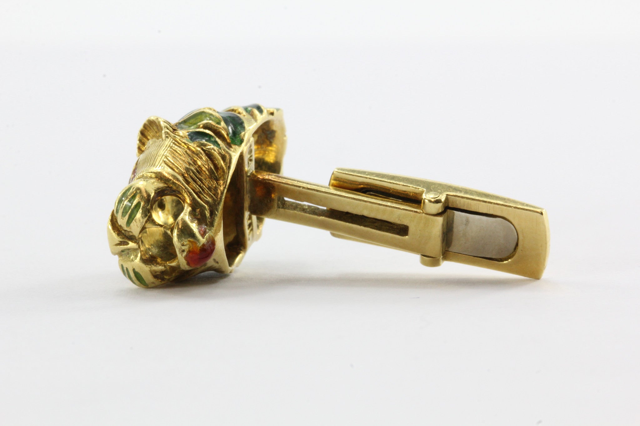 Vintage 18K Gold Enamel & Diamond Lion Head Cufflinks - Queen May