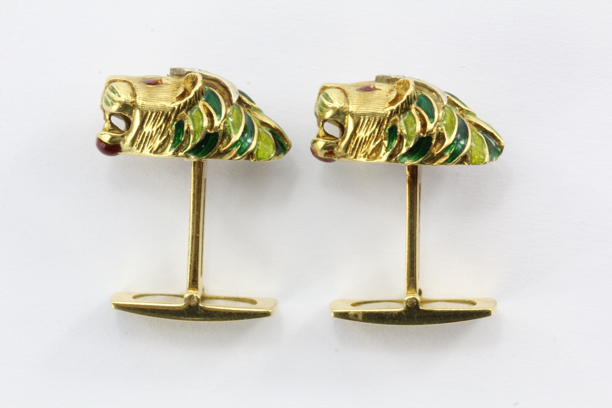 Vintage 18K Gold Enamel & Diamond Lion Head Cufflinks - Queen May
