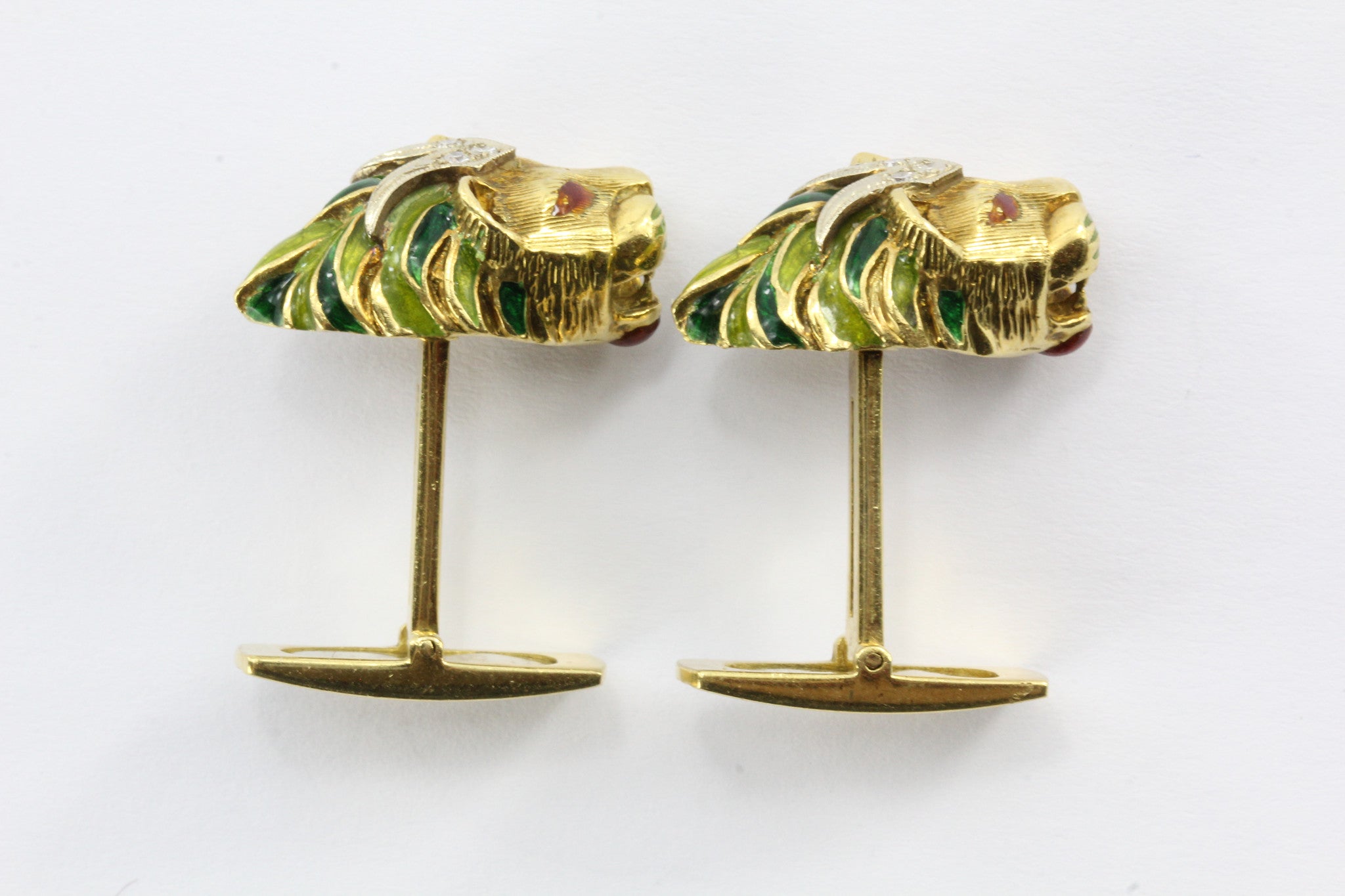 Vintage 18K Gold Enamel & Diamond Lion Head Cufflinks - Queen May