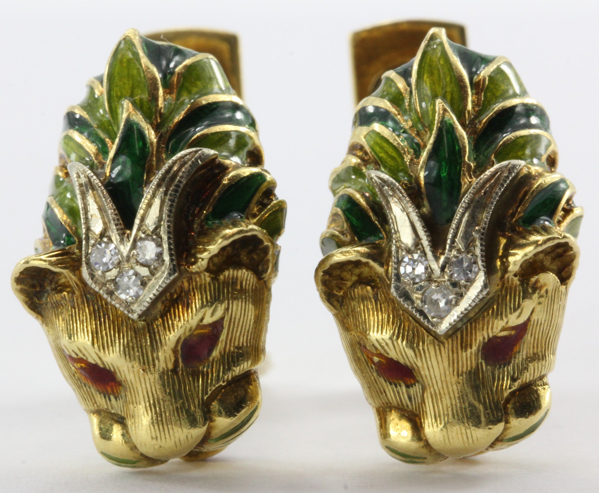Vintage 18K Gold Enamel & Diamond Lion Head Cufflinks - Queen May
