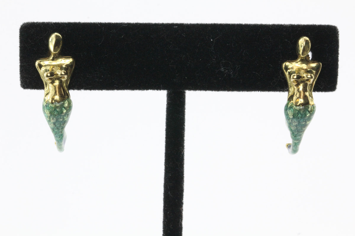 18K Gold  Blue & Green Enamel Figural Mermaid Earrings - Queen May