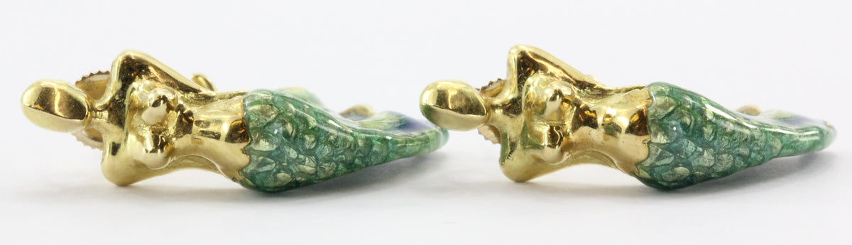 18K Gold  Blue & Green Enamel Figural Mermaid Earrings - Queen May