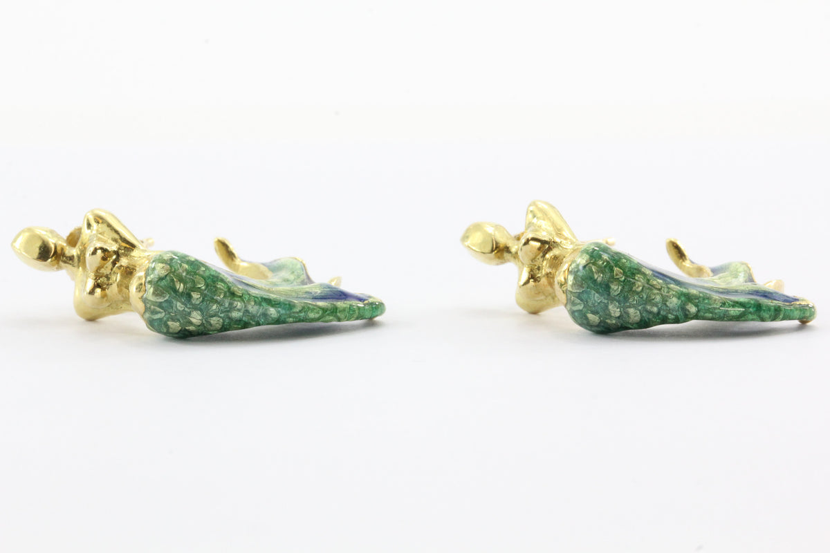 18K Gold  Blue & Green Enamel Figural Mermaid Earrings - Queen May