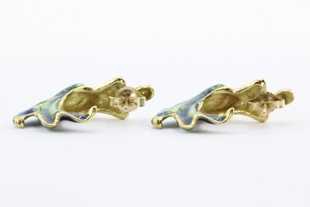 18K Gold  Blue & Green Enamel Figural Mermaid Earrings - Queen May