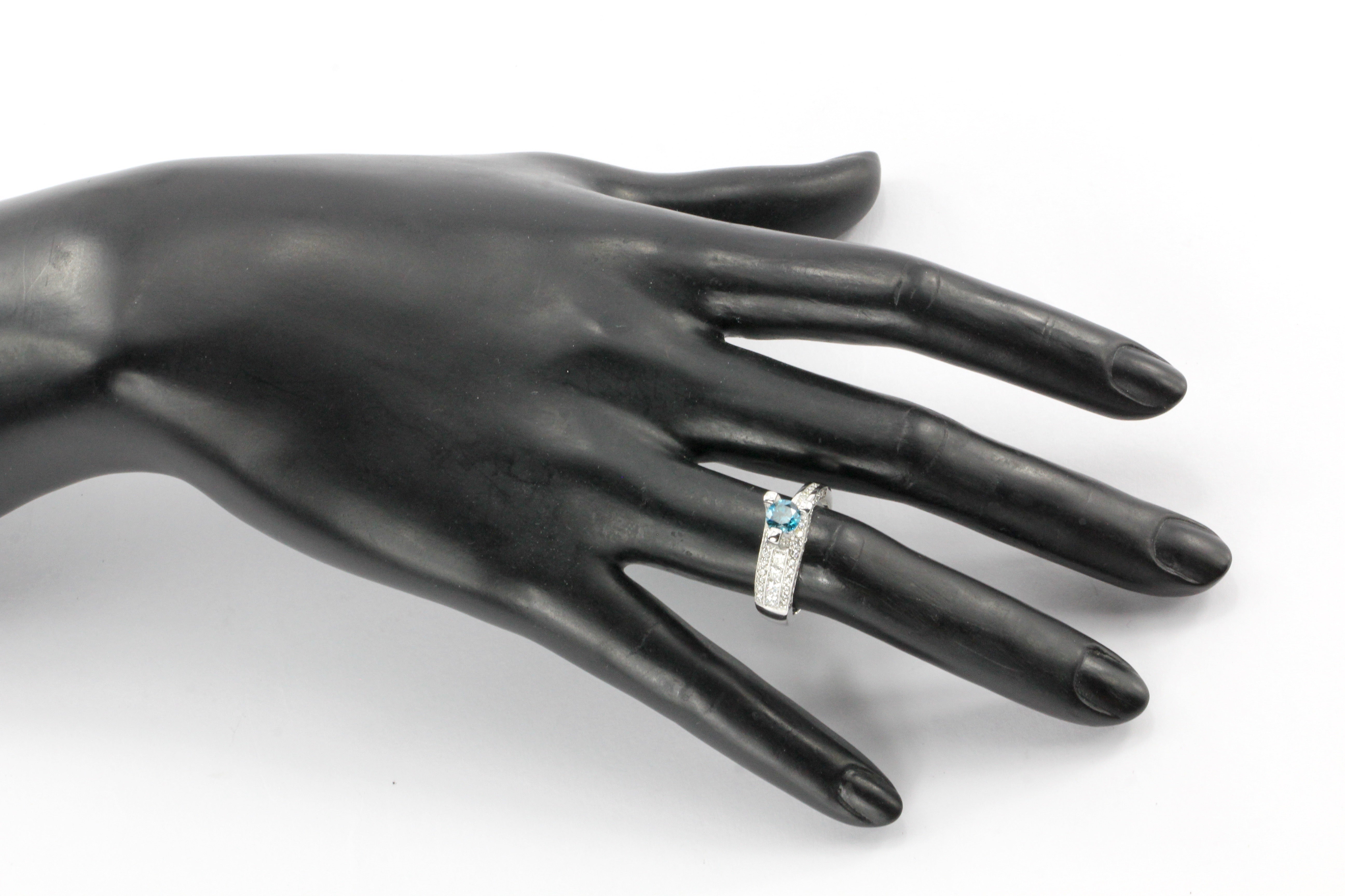 14K White Gold Blue Diamond Solitaire w/ White Diamond Accents Engagement Ring - Queen May