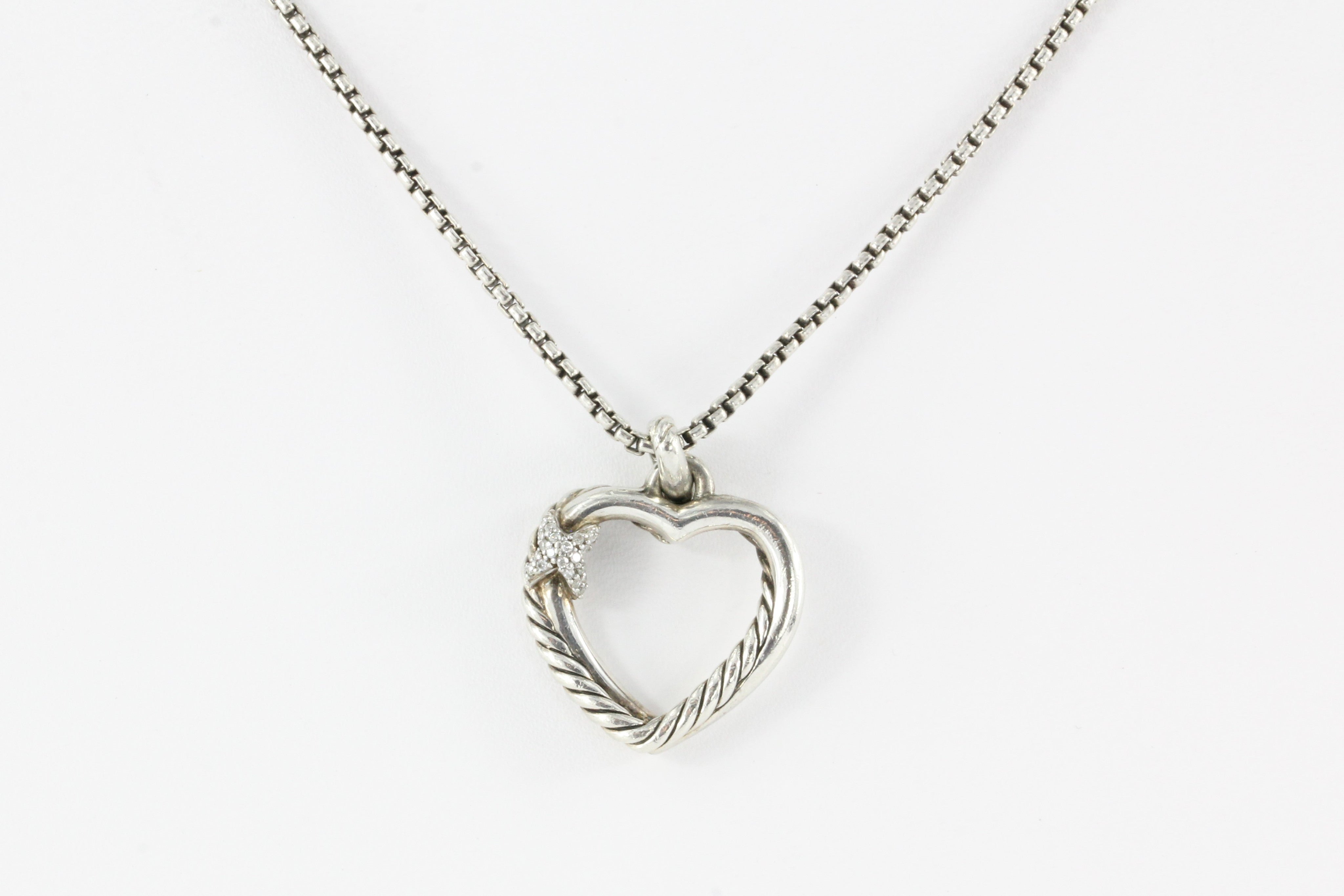 David Yurman Sterling Silver Diamond Heart X Pendant Necklace 18" - Queen May