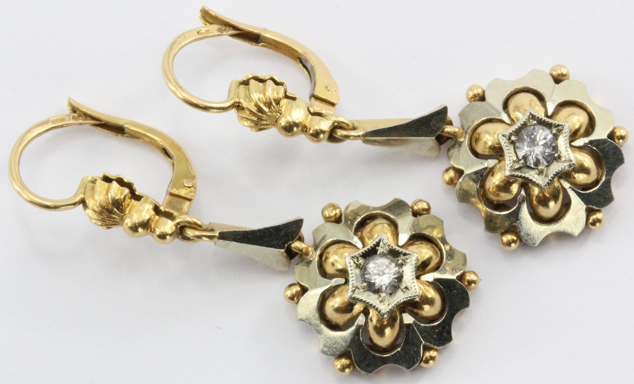Antique 18K White & Yellow Gold White Topaz Dangle Earrings - Queen May