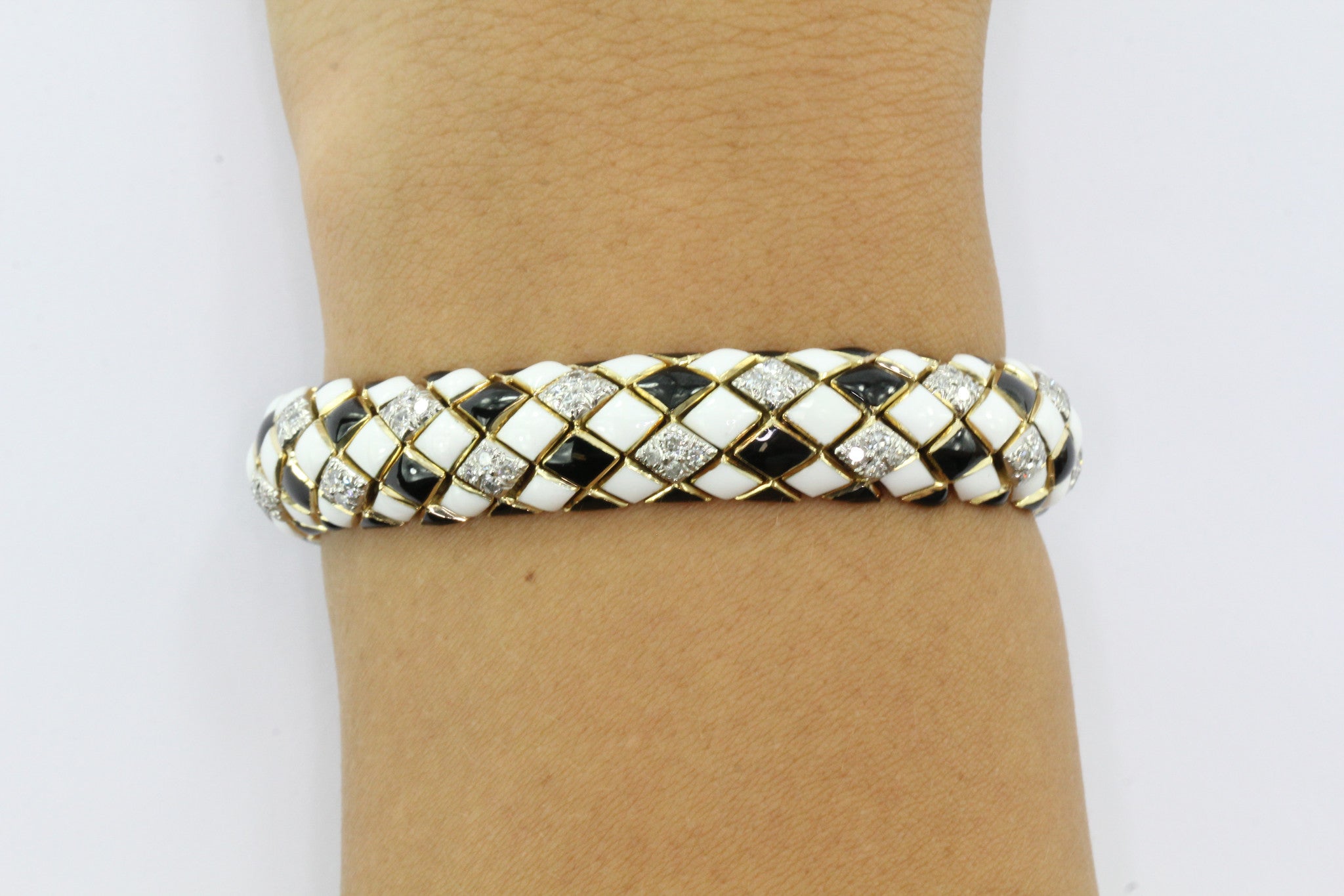 David Webb 18K Gold & Platinum Black & White Enamel & Diamond Flexible Bracelet - Queen May