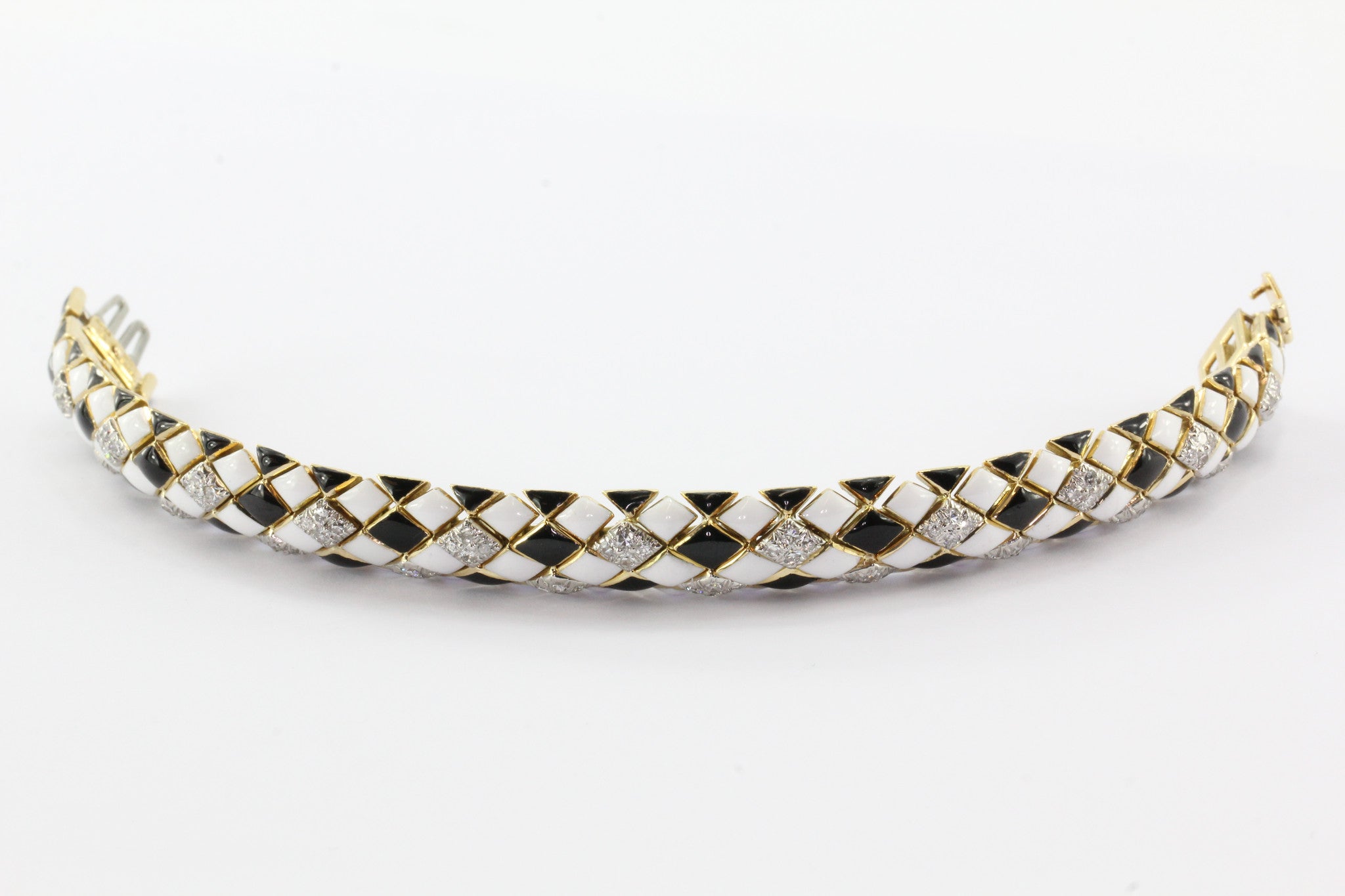 David Webb 18K Gold & Platinum Black & White Enamel & Diamond Flexible Bracelet - Queen May