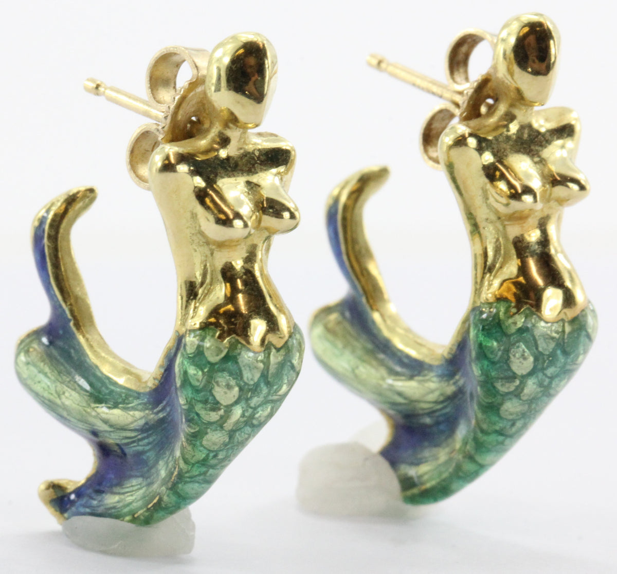 18K Gold  Blue & Green Enamel Figural Mermaid Earrings - Queen May