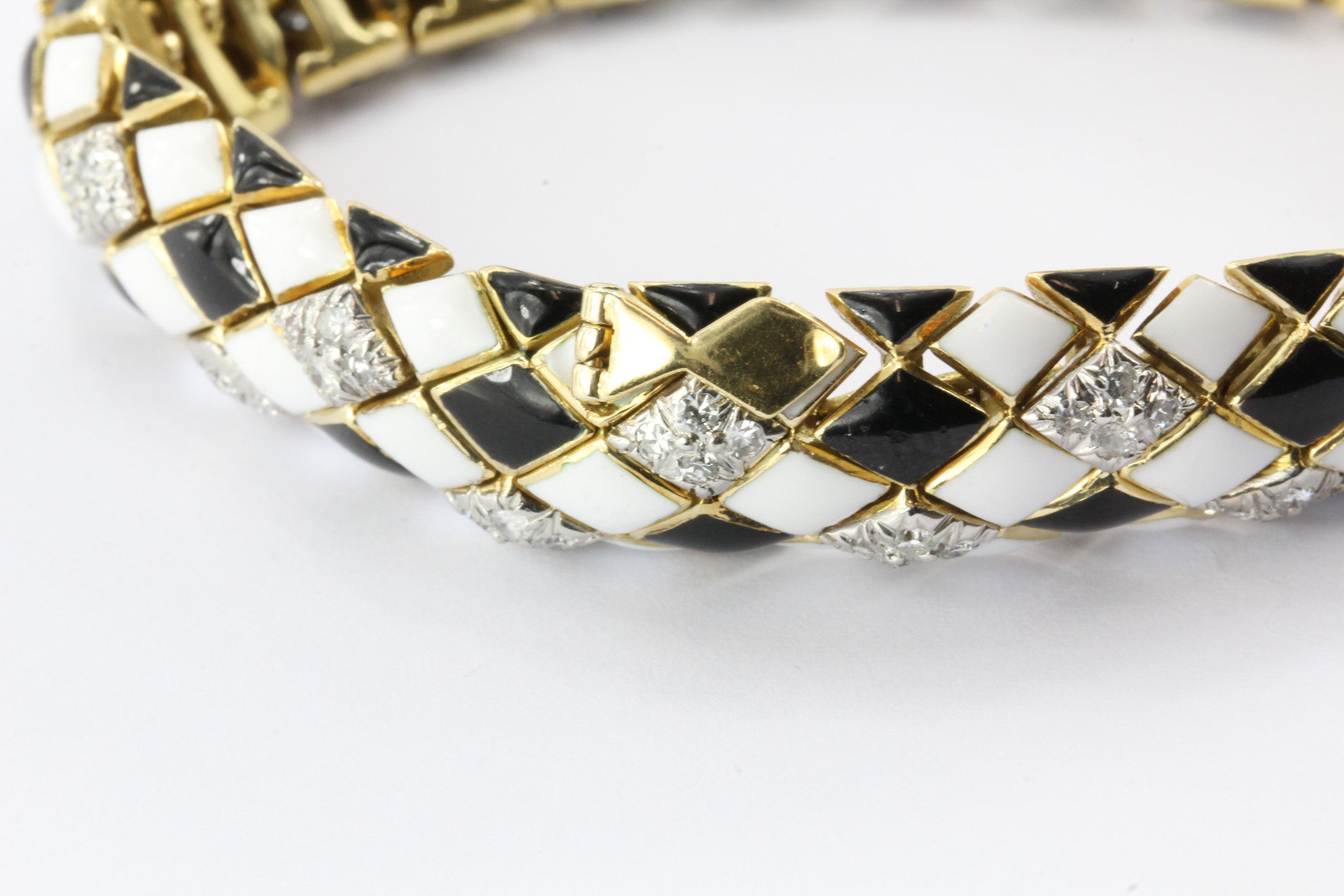 David Webb 18K Gold & Platinum Black & White Enamel & Diamond Flexible Bracelet - Queen May
