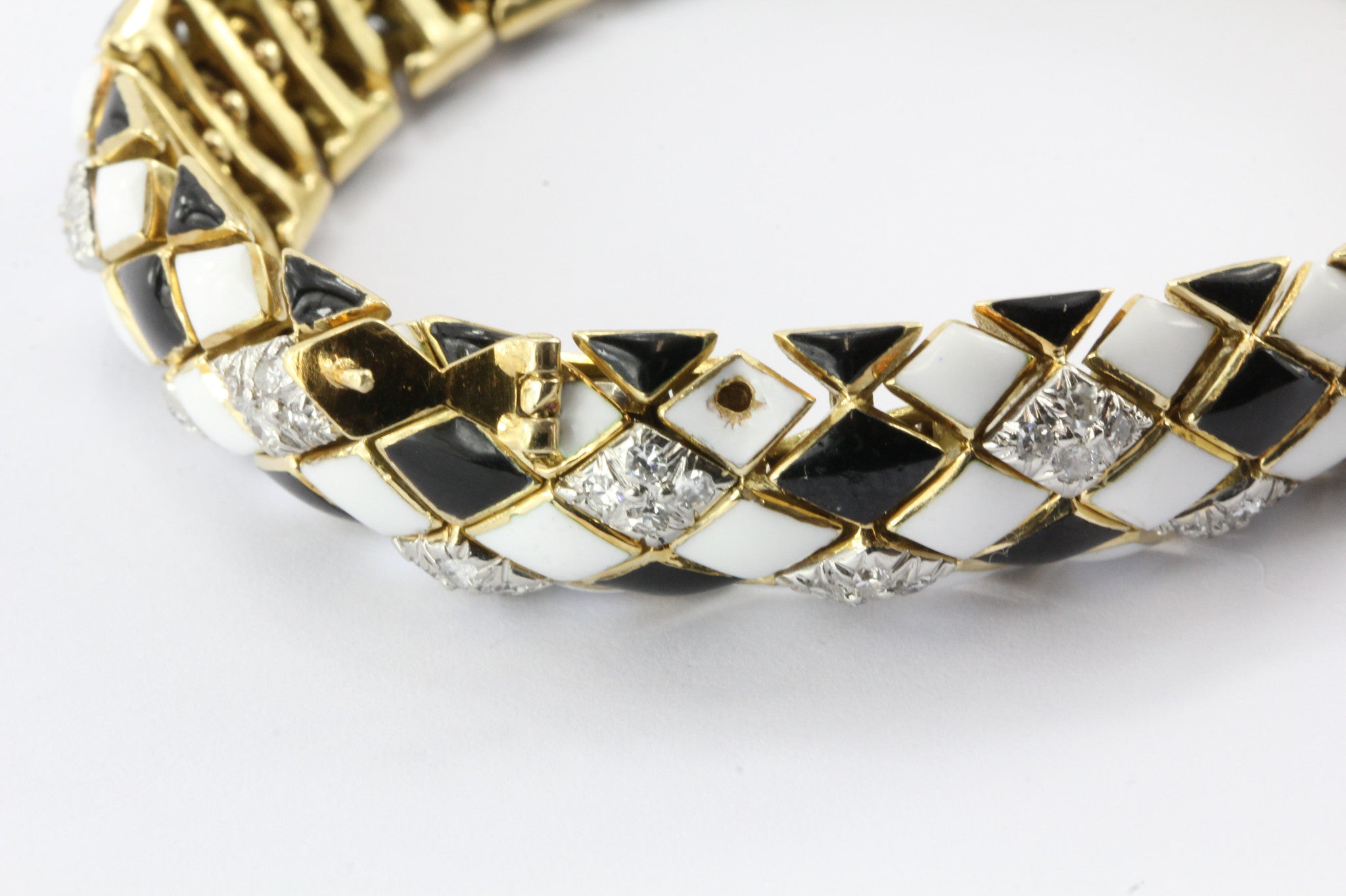 David Webb 18K Gold & Platinum Black & White Enamel & Diamond Flexible Bracelet - Queen May