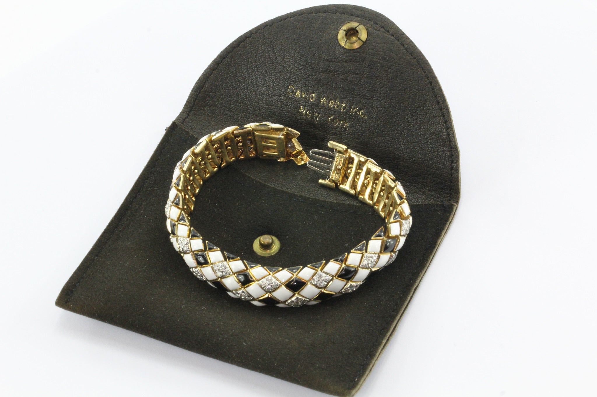 David Webb 18K Gold & Platinum Black & White Enamel & Diamond Flexible Bracelet - Queen May